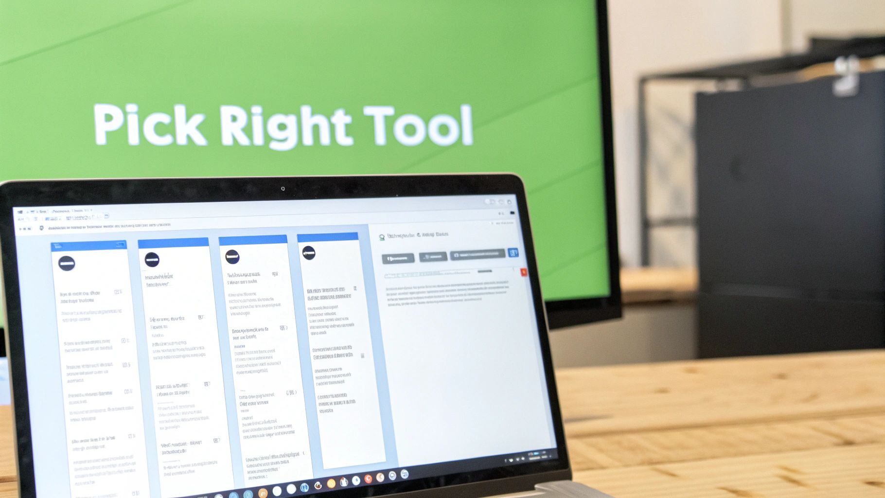 Laptop displaying content cards with 'Pick Right Tool' on a green background screen.