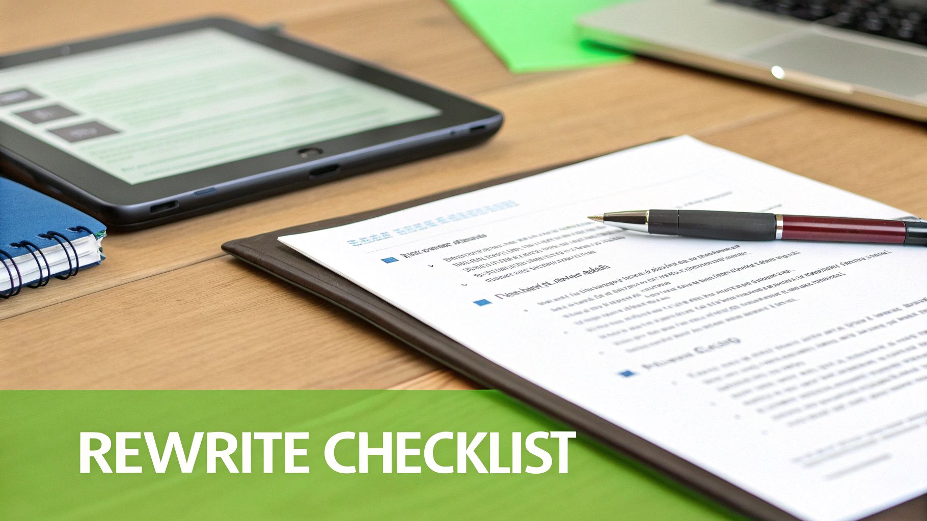 Close-up of a wooden desk with a document, pen, tablet, and laptop, featuring 'REWRITE CHECKLIST' text.