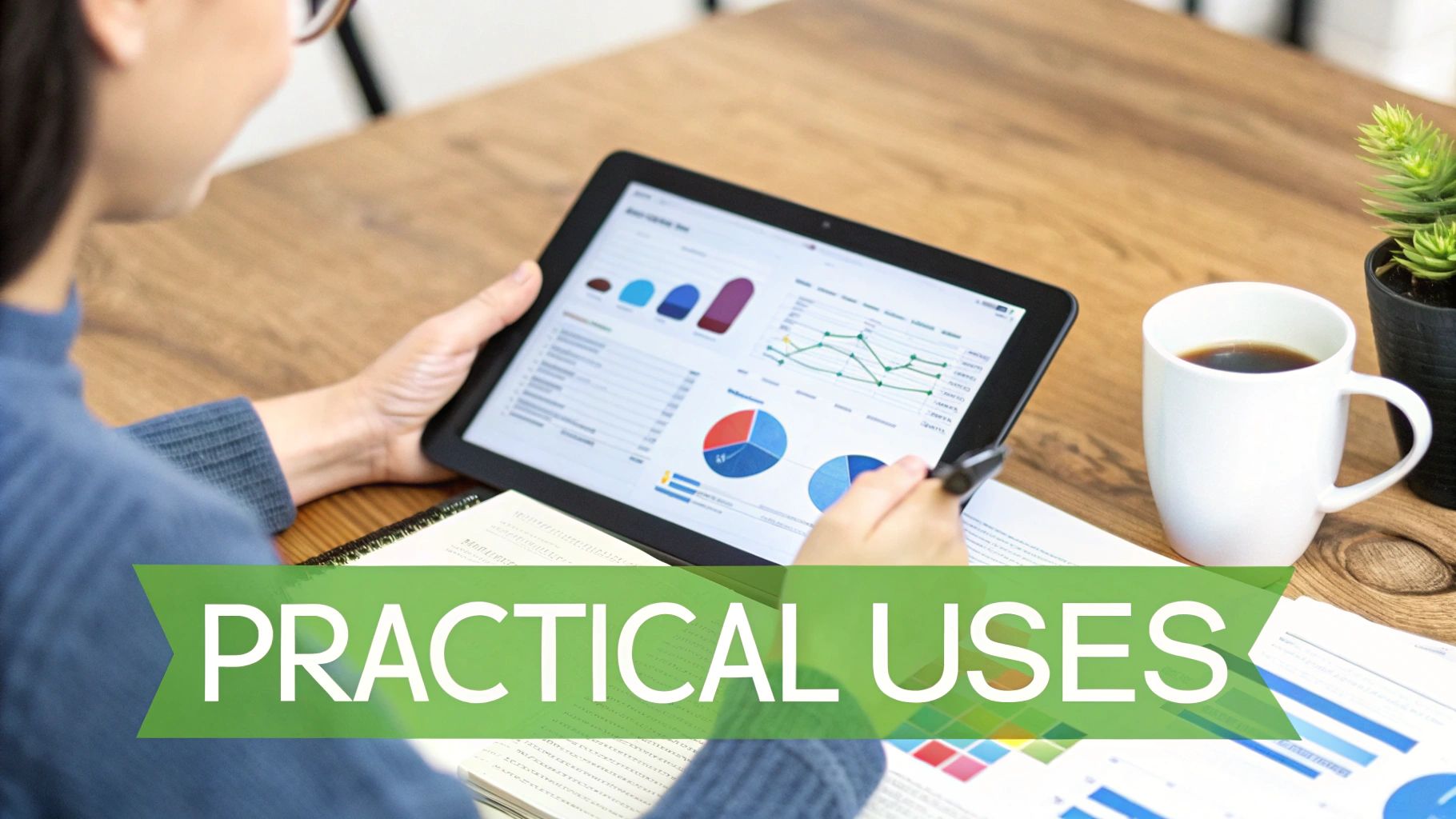 A person uses a tablet displaying data analytics charts on a wooden desk with coffee and a plant.