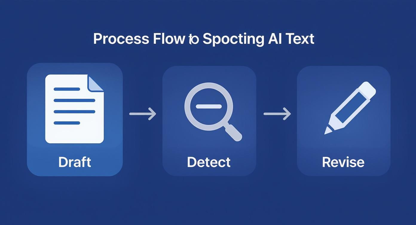 A three-step process flow illustrating how to draft, detect, and revise AI-generated text for improved quality.