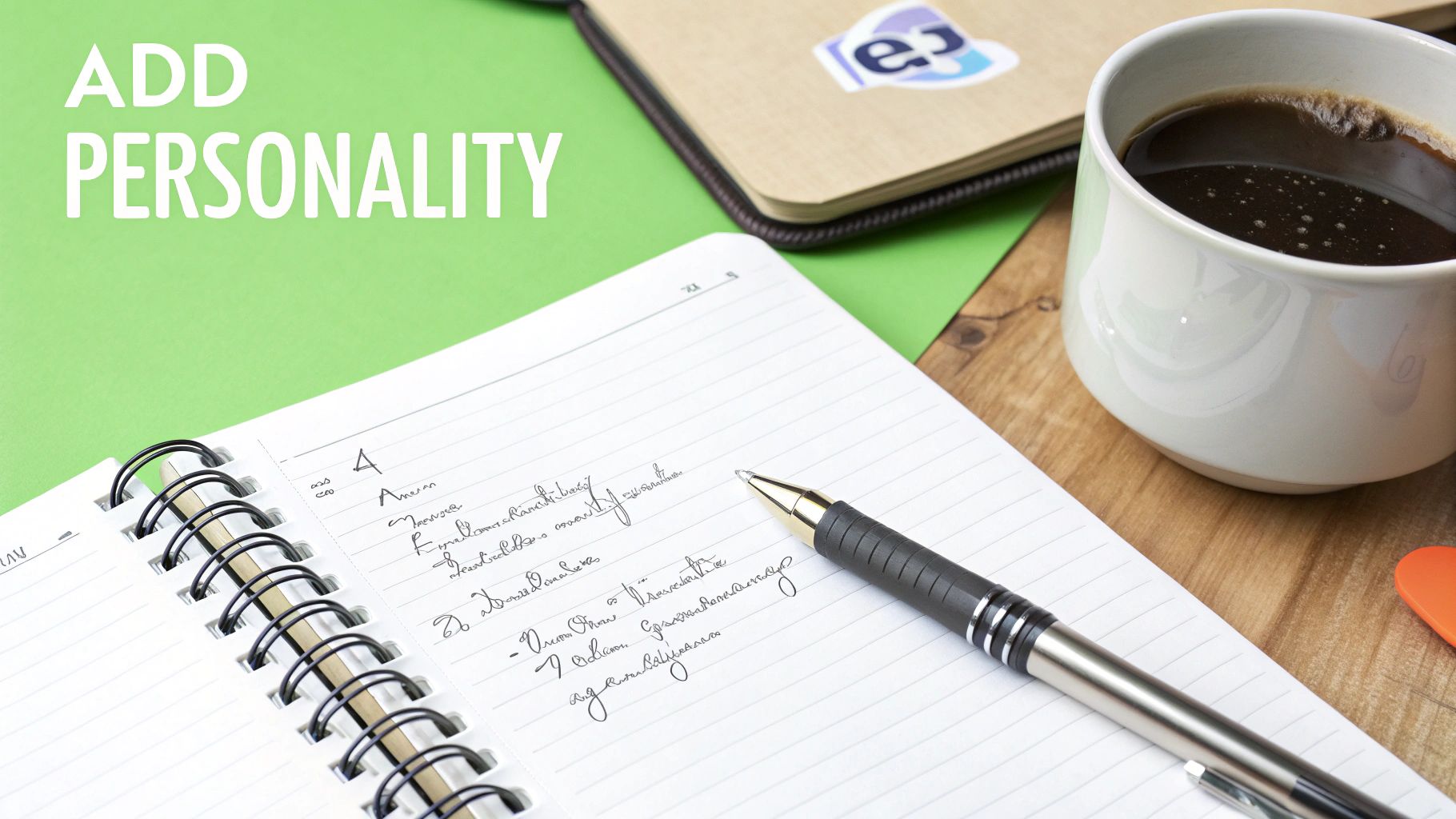 Spiral notebook with handwritten notes, coffee cup, and pen on wooden desk workspace