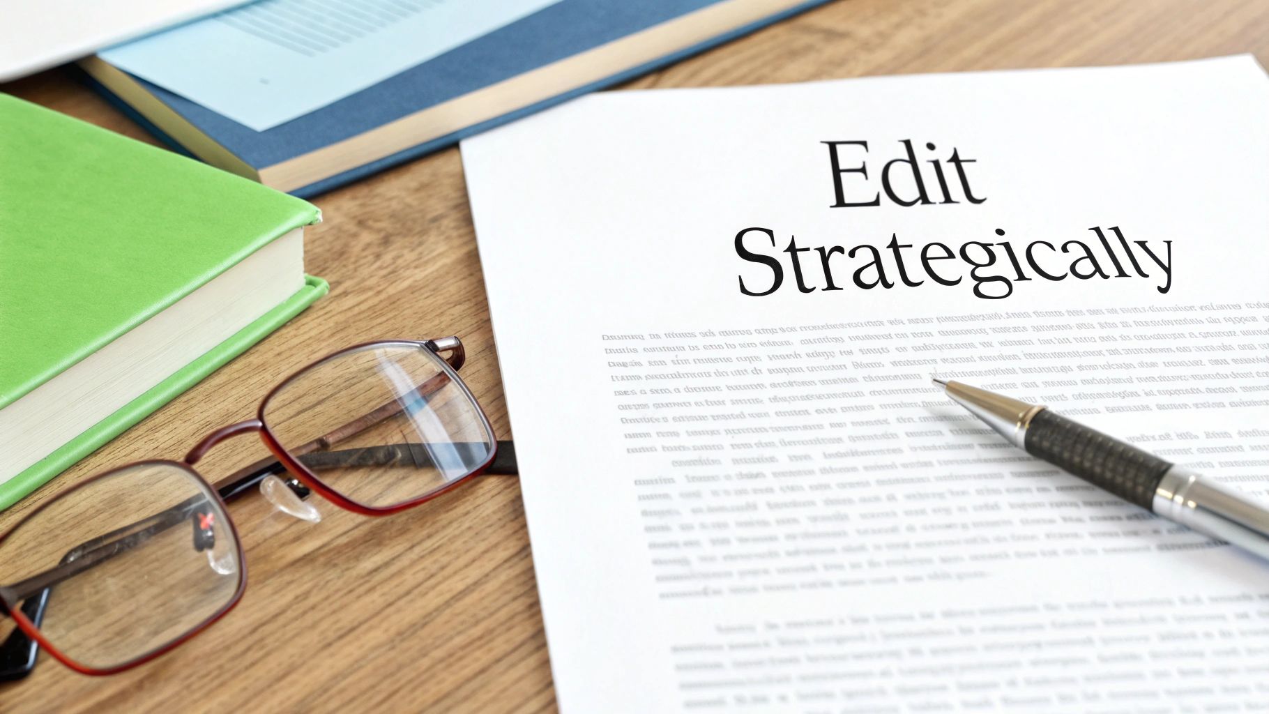Document titled 'Edit Strategically' on a desk with a pen, glasses, and books.