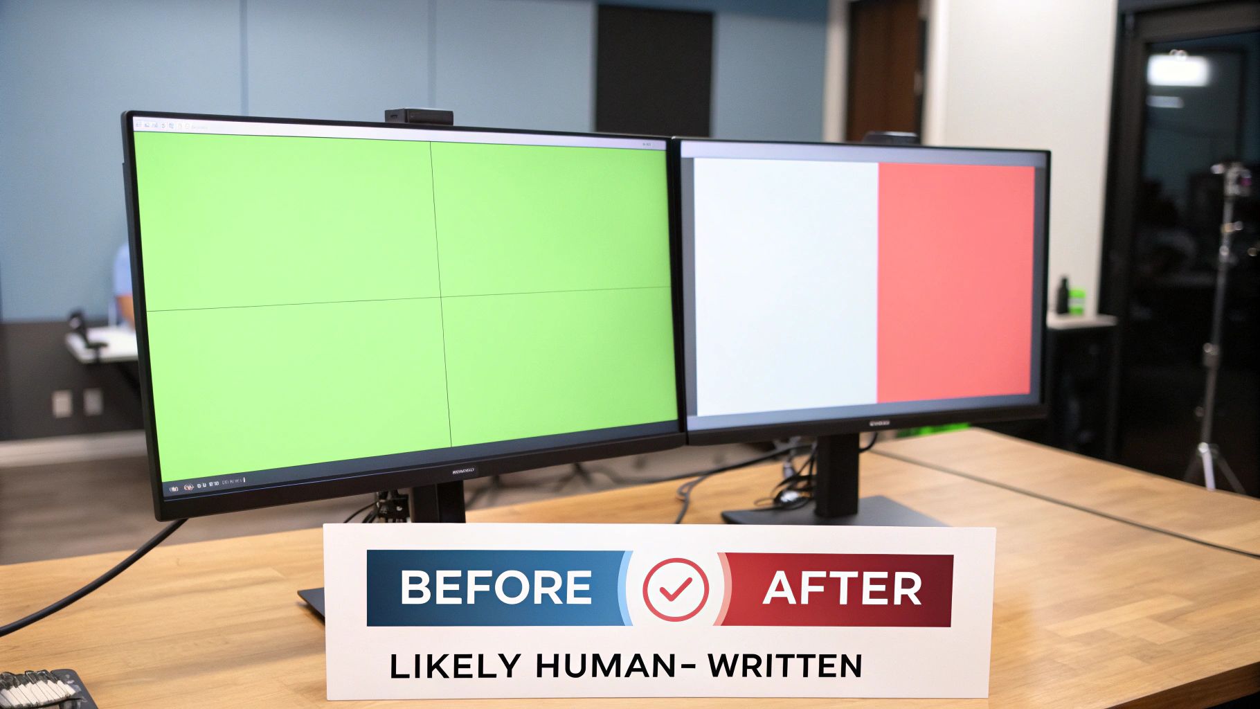 Two monitors display test patterns, with a "BEFORE AFTER" sign noting "Likely Human-Written" content.