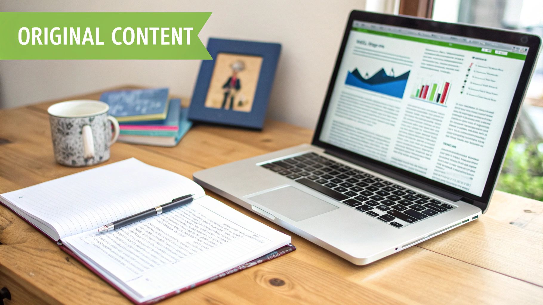 A cozy workspace with a laptop, open notebook, pen, coffee mug, and books on a wooden desk.