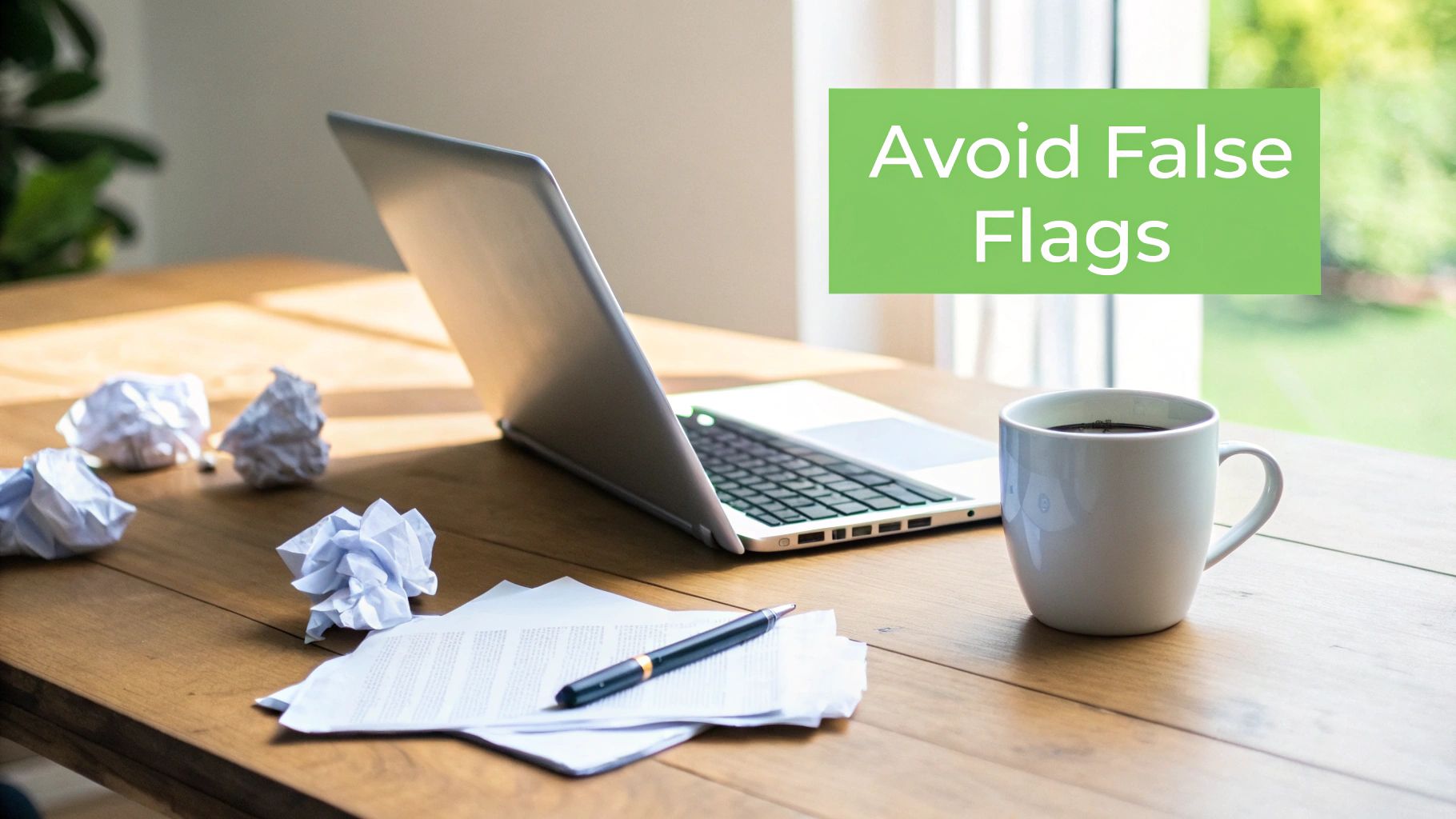 A work desk with a laptop, crumpled papers, coffee, and 'Avoid False Flags' text overlay.