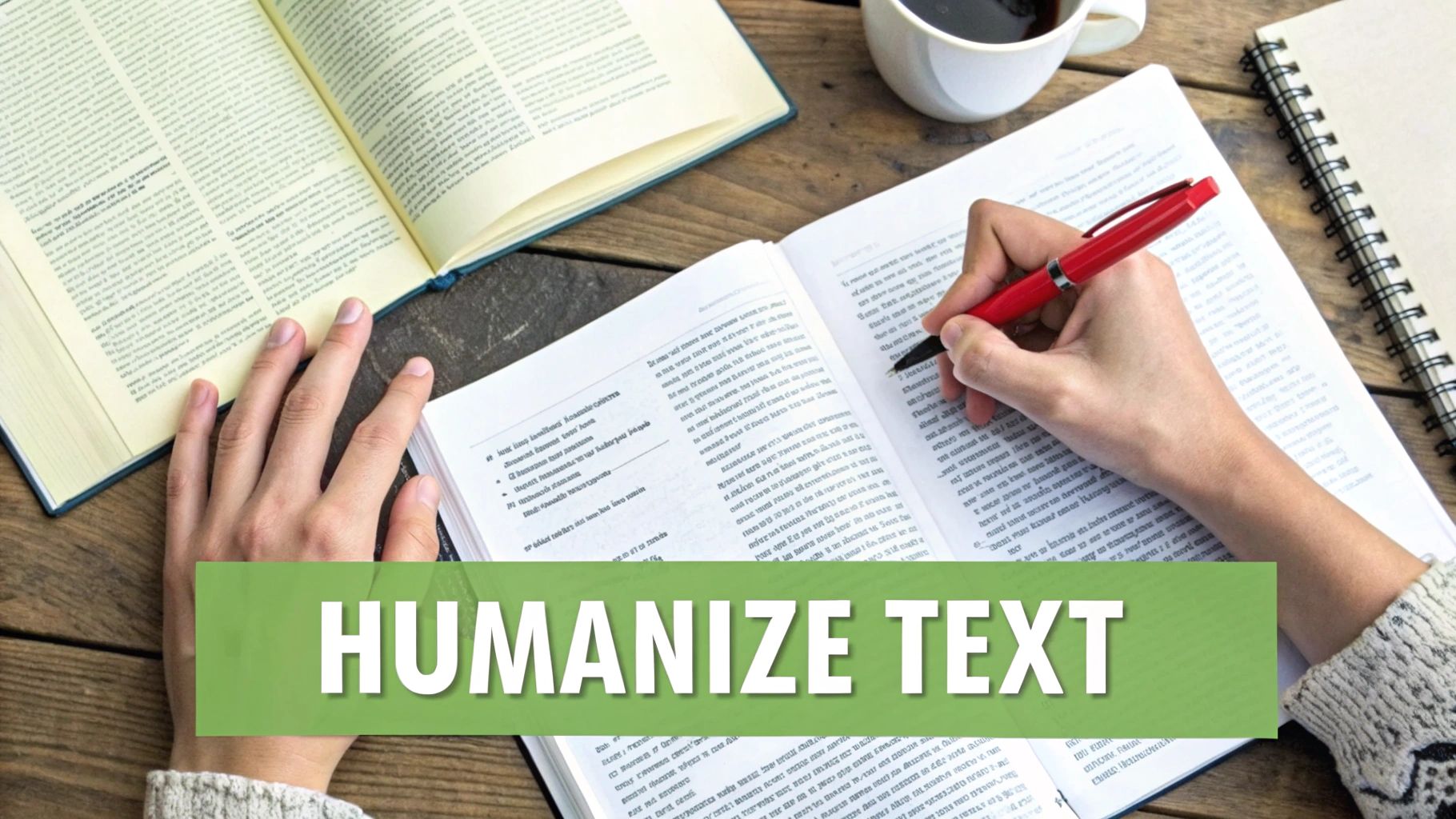 Person writing notes with red pen on documents while studying with open book and coffee