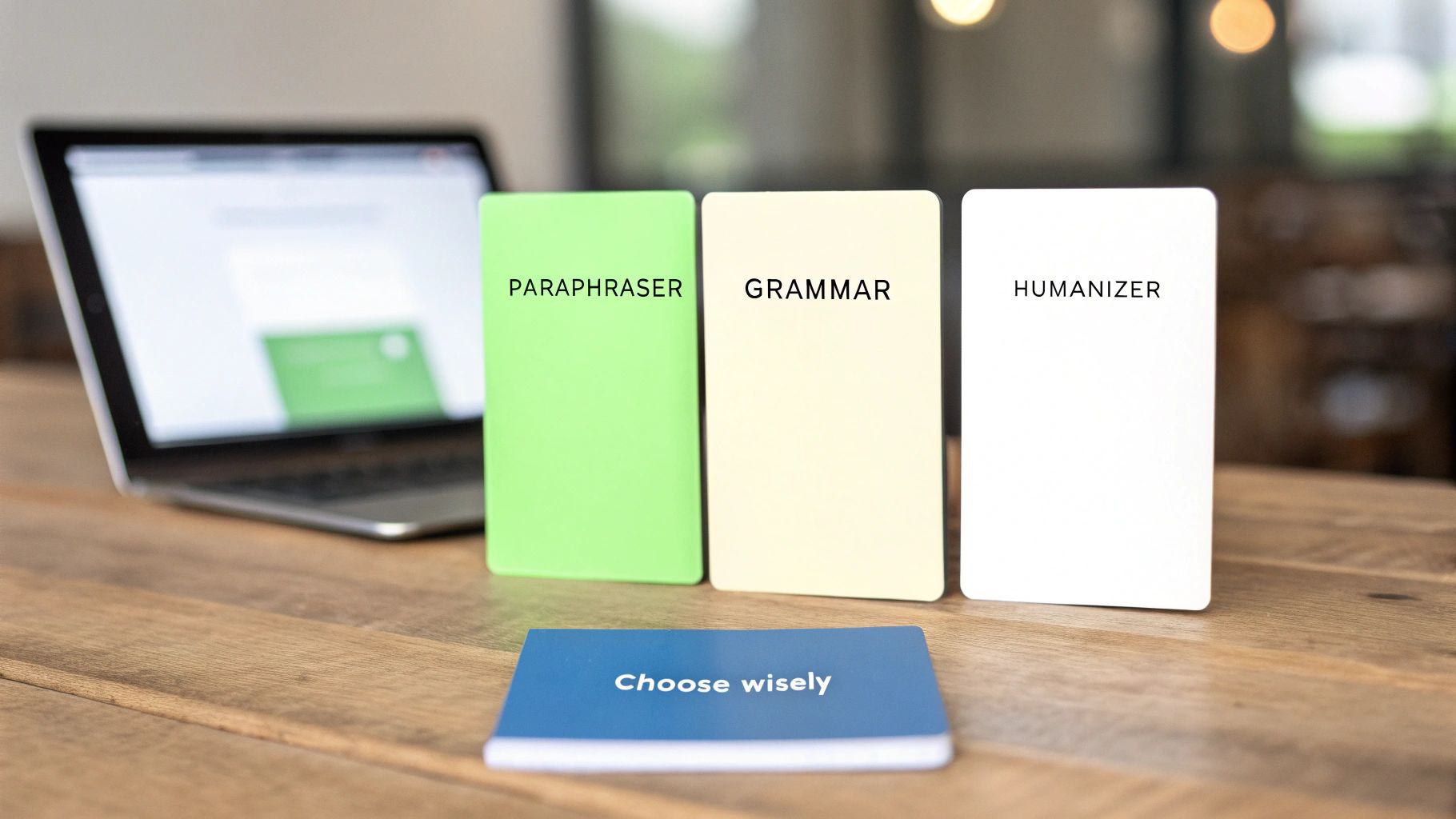 Three cards labeled 'Paraphraser,' 'Grammar,' and 'Humanizer' stand on a wooden desk, with a 'Choose wisely' booklet.