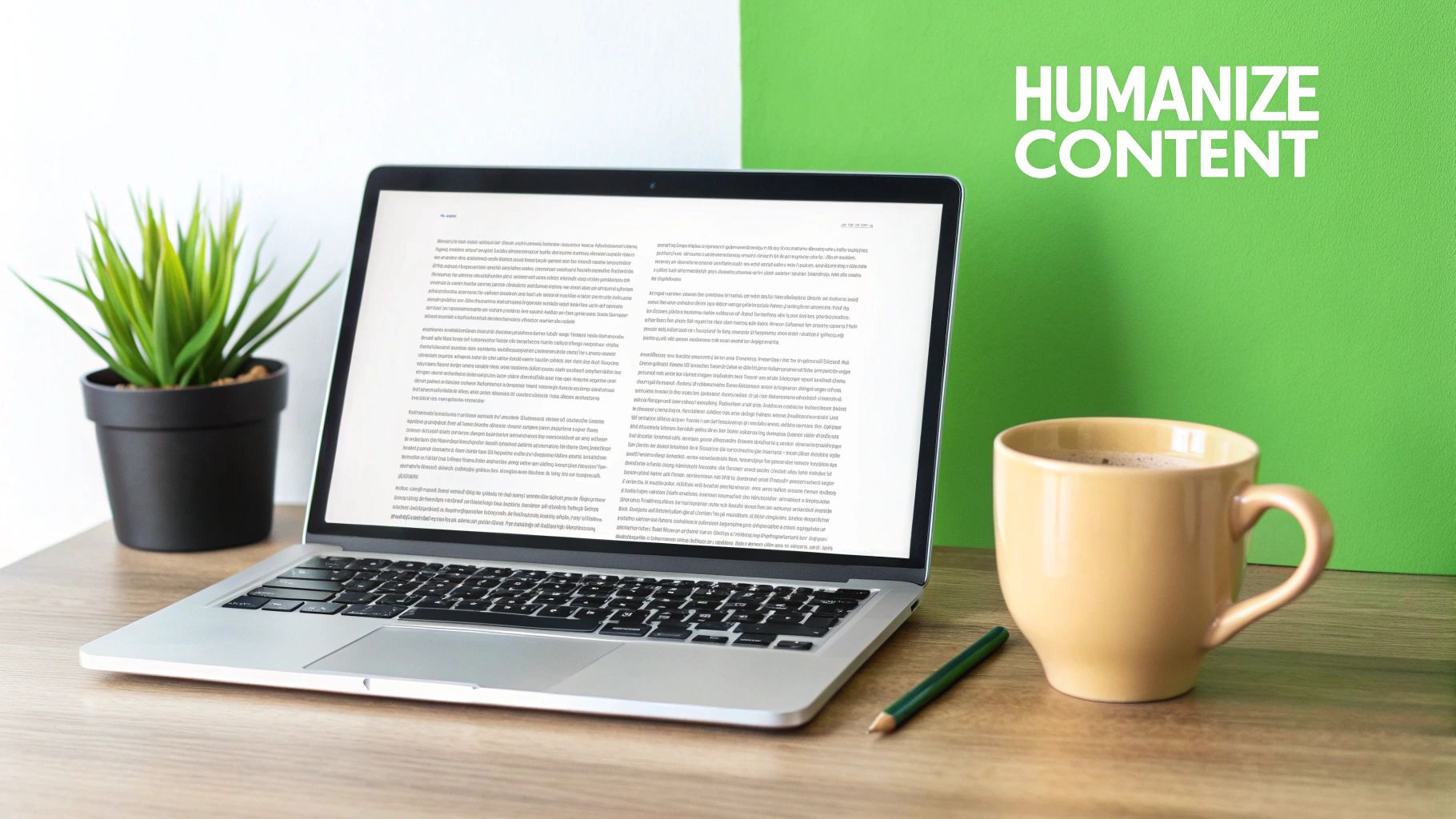 A clean workspace with a laptop displaying text, a plant, and a coffee mug, promoting "HUMANIZE CONTENT."