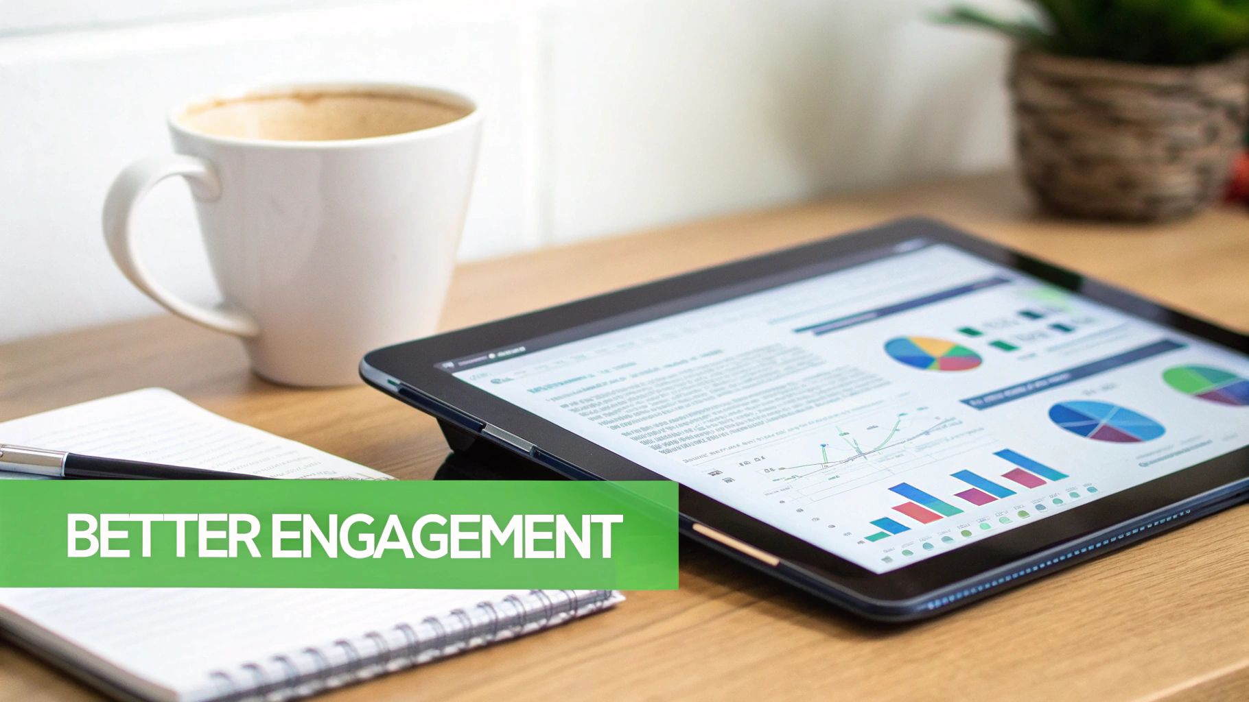 A digital tablet displays charts and graphs, next to a coffee cup and notepad. Text 'BETTER ENGAGEMENT'.