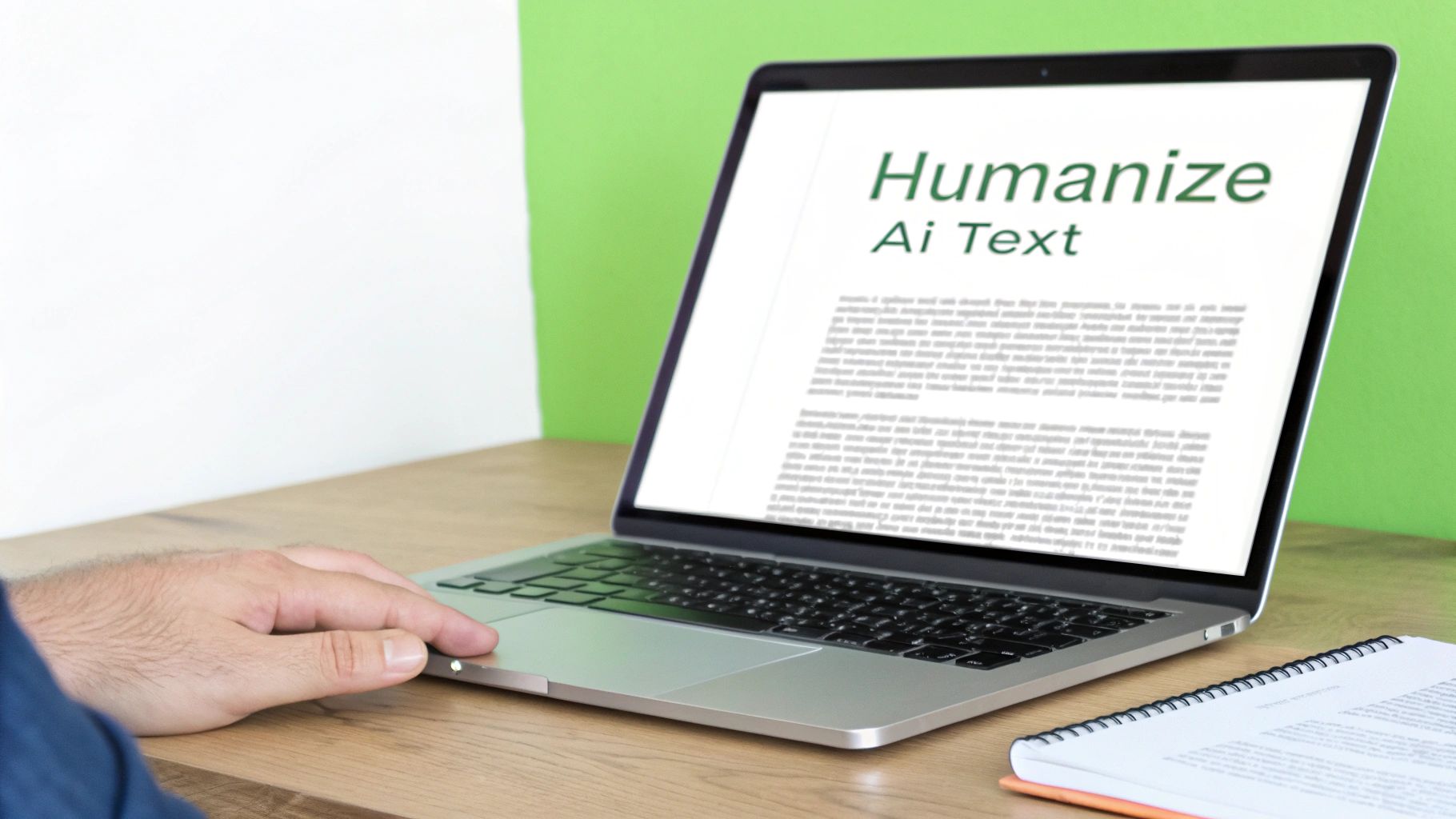 A person's hand resting on a laptop displaying 'Humanize Ai Text' on the screen, optimizing AI content.
