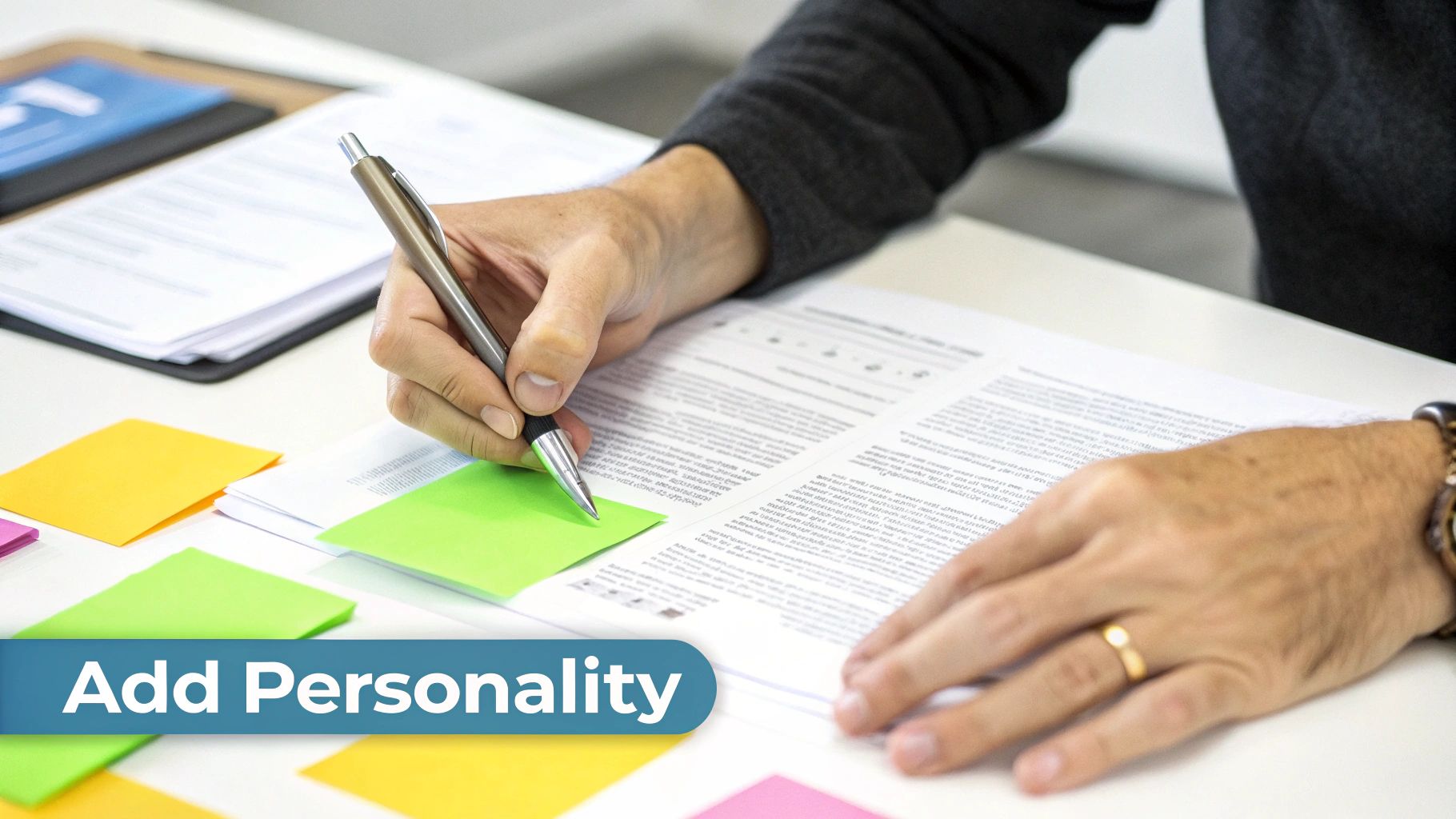 Close-up of a person writing on a document with a pen, surrounded by colorful sticky notes.