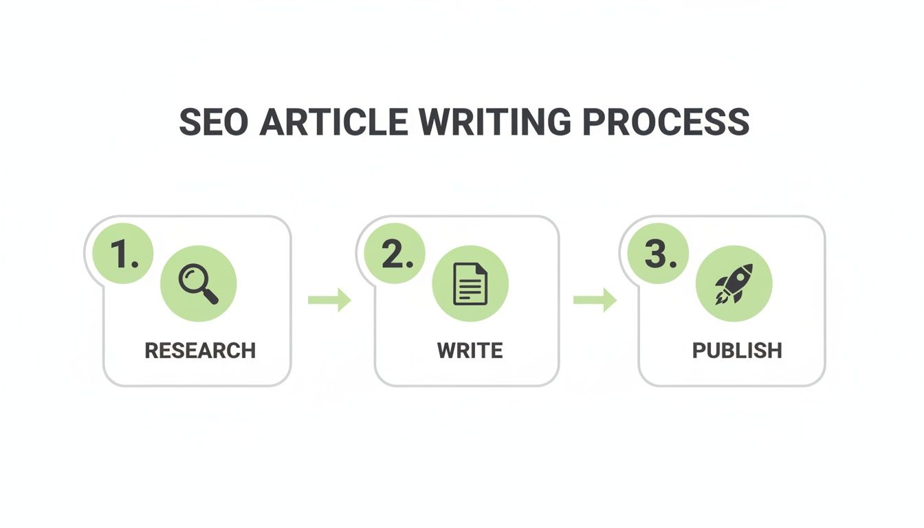 A three-step infographic showing the SEO article writing process: research, write, and publish.