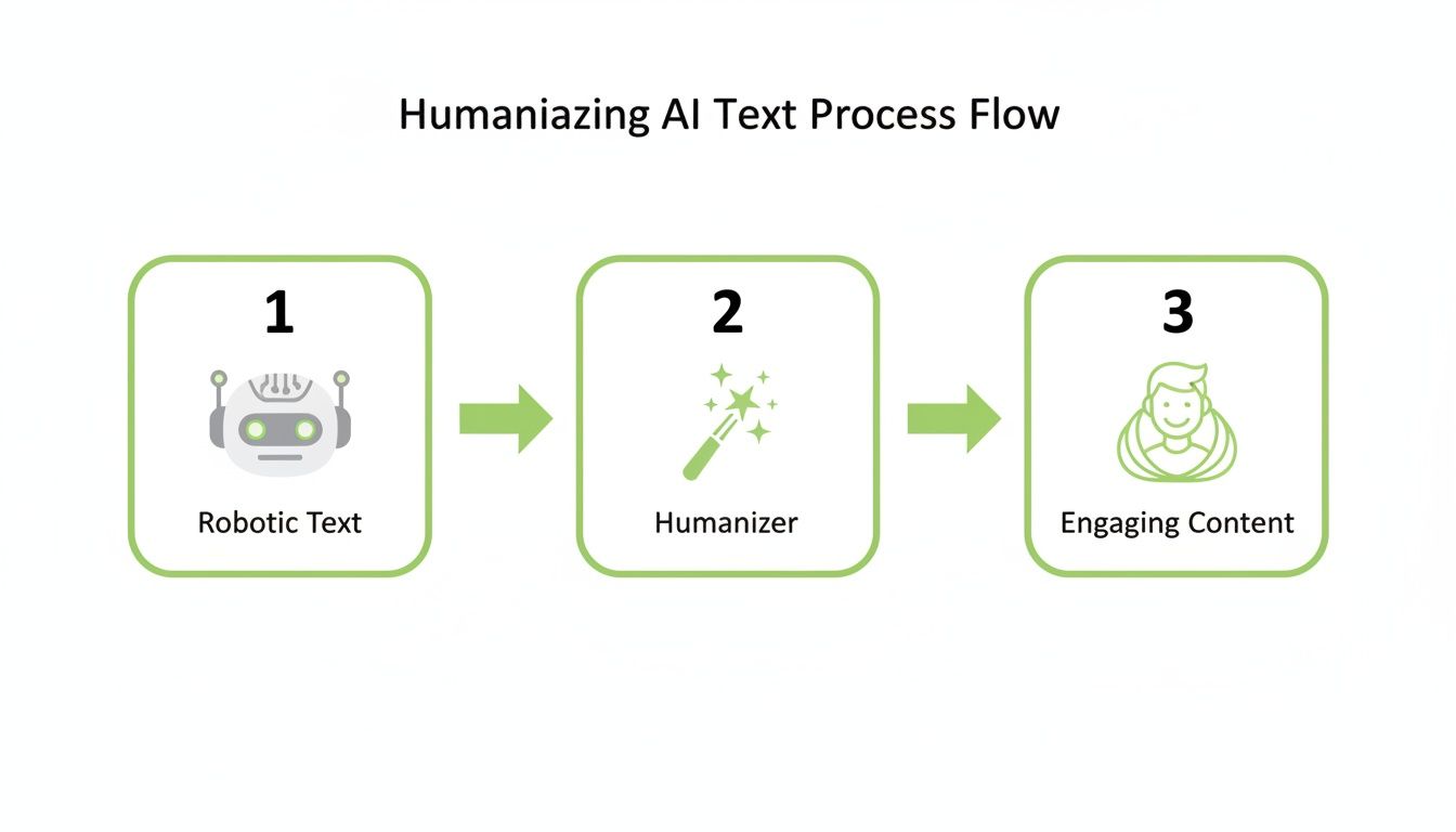 Process flow showing robotic AI text being humanized into engaging content through a humanizer tool.
