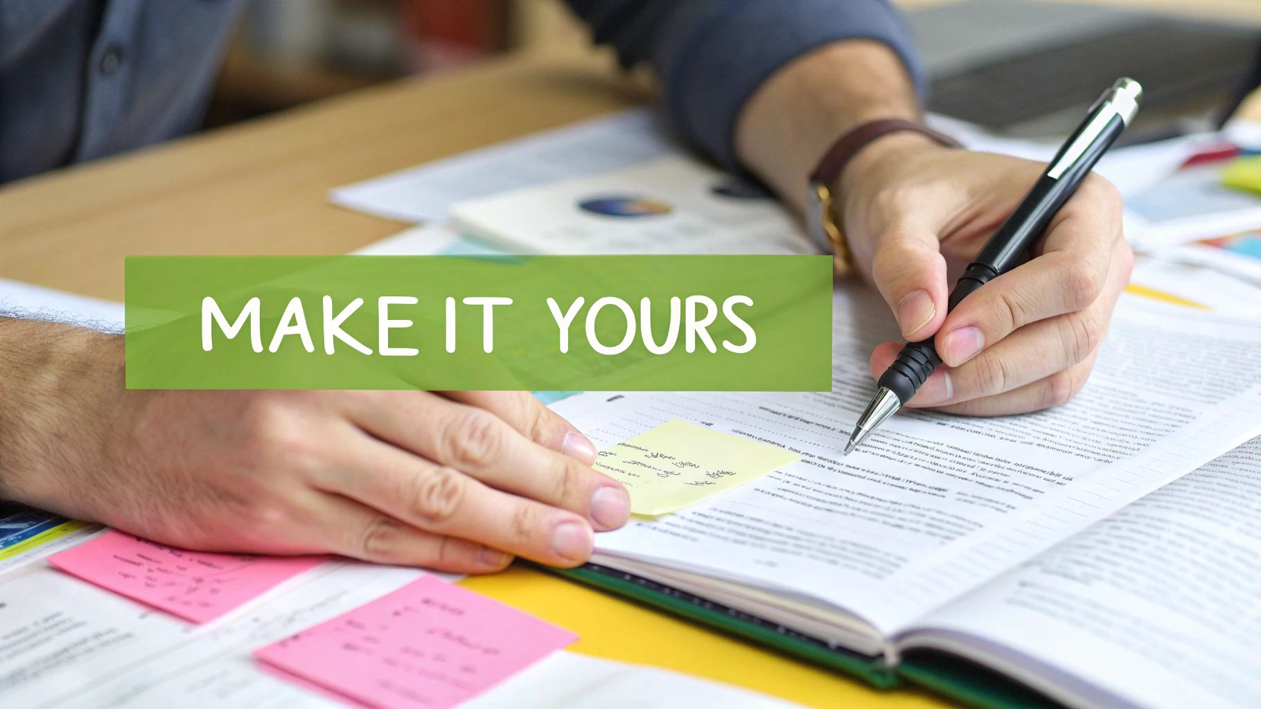 Hands writing in a book with a pen, surrounded by sticky notes, with a 'MAKE IT YOURS' overlay.