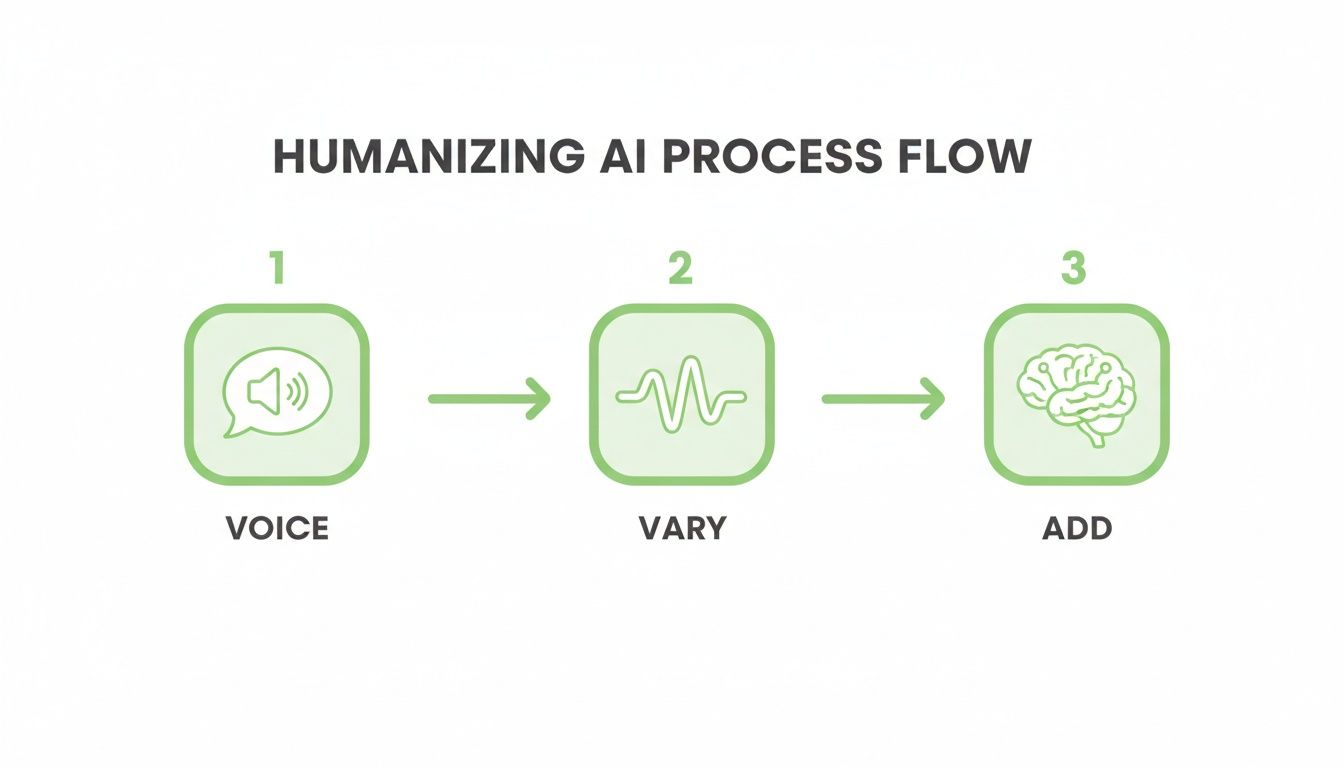 A three-step humanizing AI process flow diagram showing Voice, Vary, and Add stages with icons.
