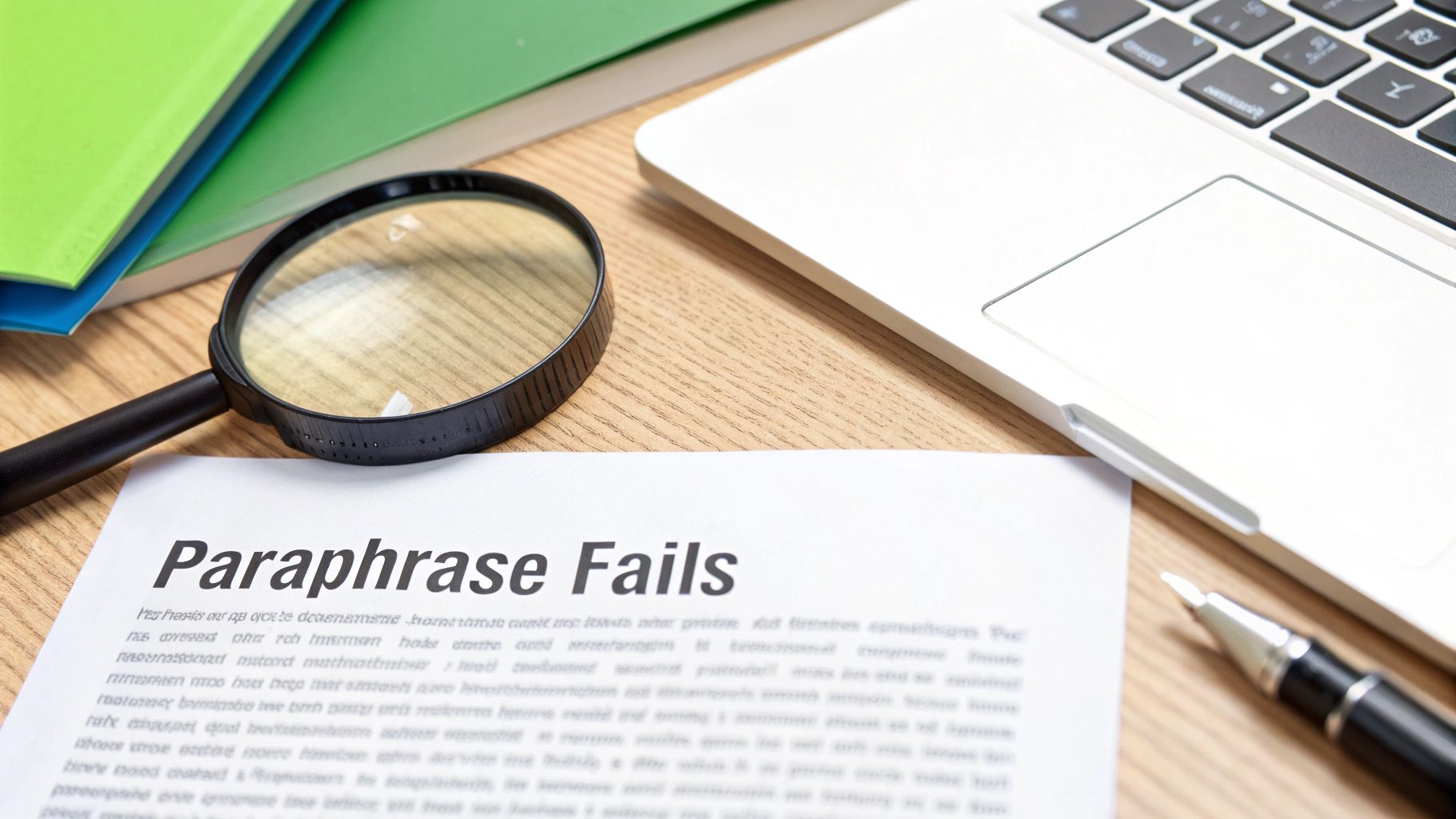 A document titled 'Paraphrase Fails' with a magnifying glass, laptop, and books on a wooden desk.