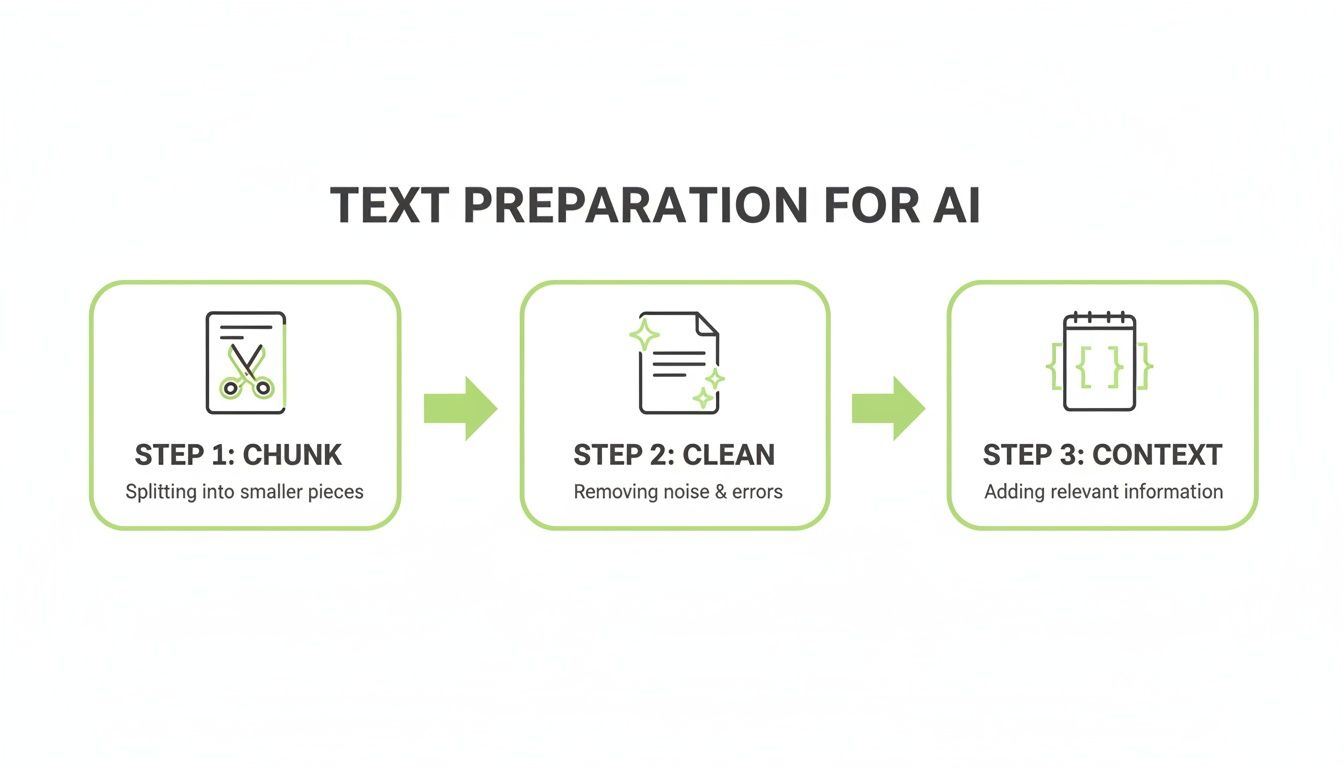 A three-step diagram illustrating text preparation for AI: chunk, clean, and context.
