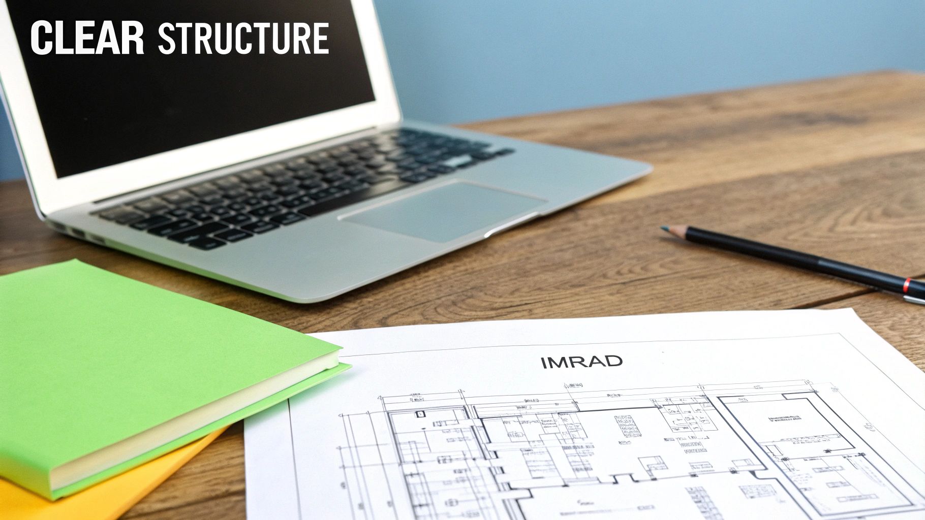 Laptop screen shows 'CLEAR STRUCTURE' next to a green notebook and a document with 'IMRAD' and a blueprint.
