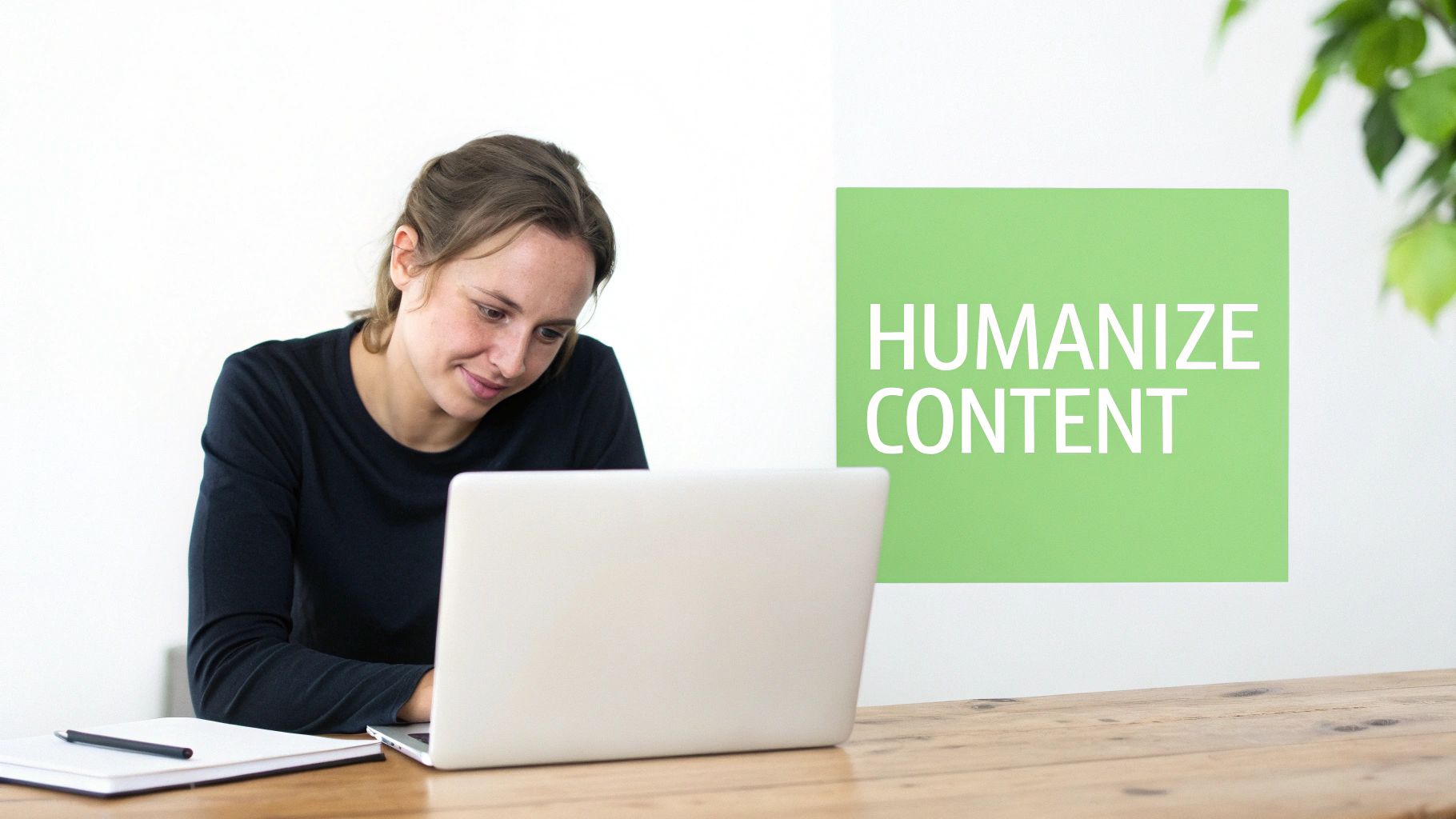 Smiling woman working on a laptop at a wooden desk, next to a 'HUMANIZE CONTENT' sign.