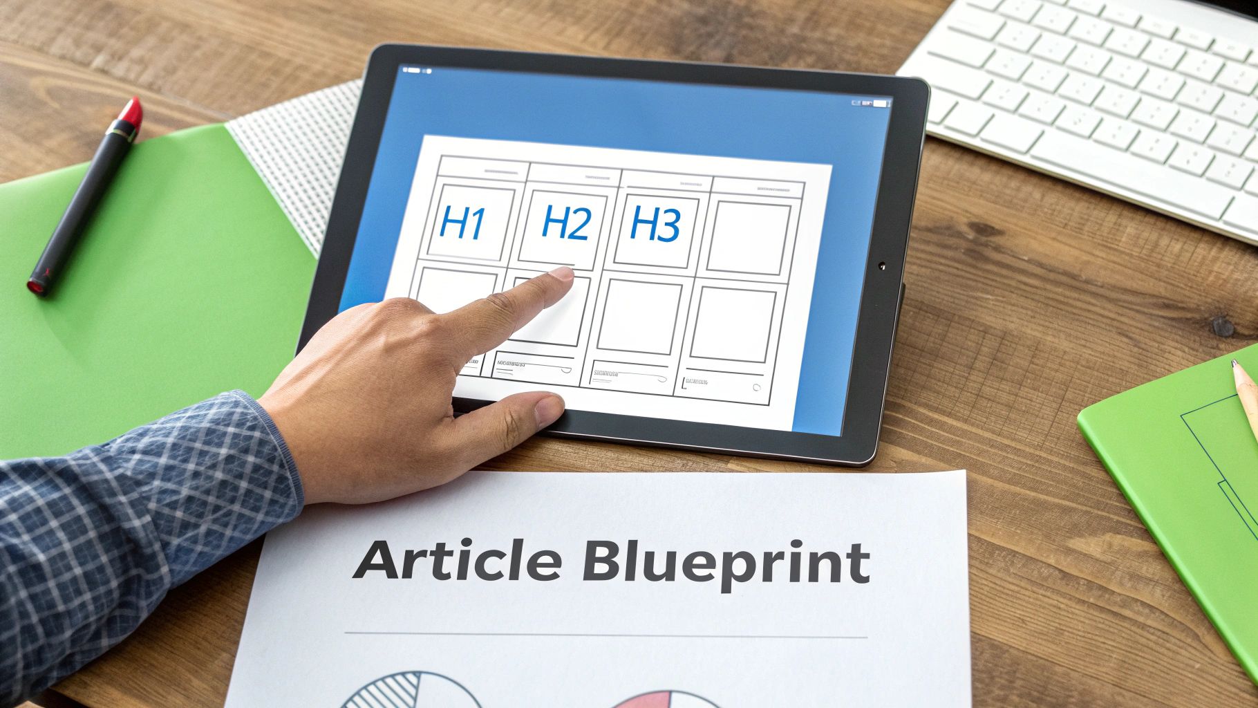 A hand taps a tablet displaying an article blueprint with H1, H2, H3 headings for content strategy.