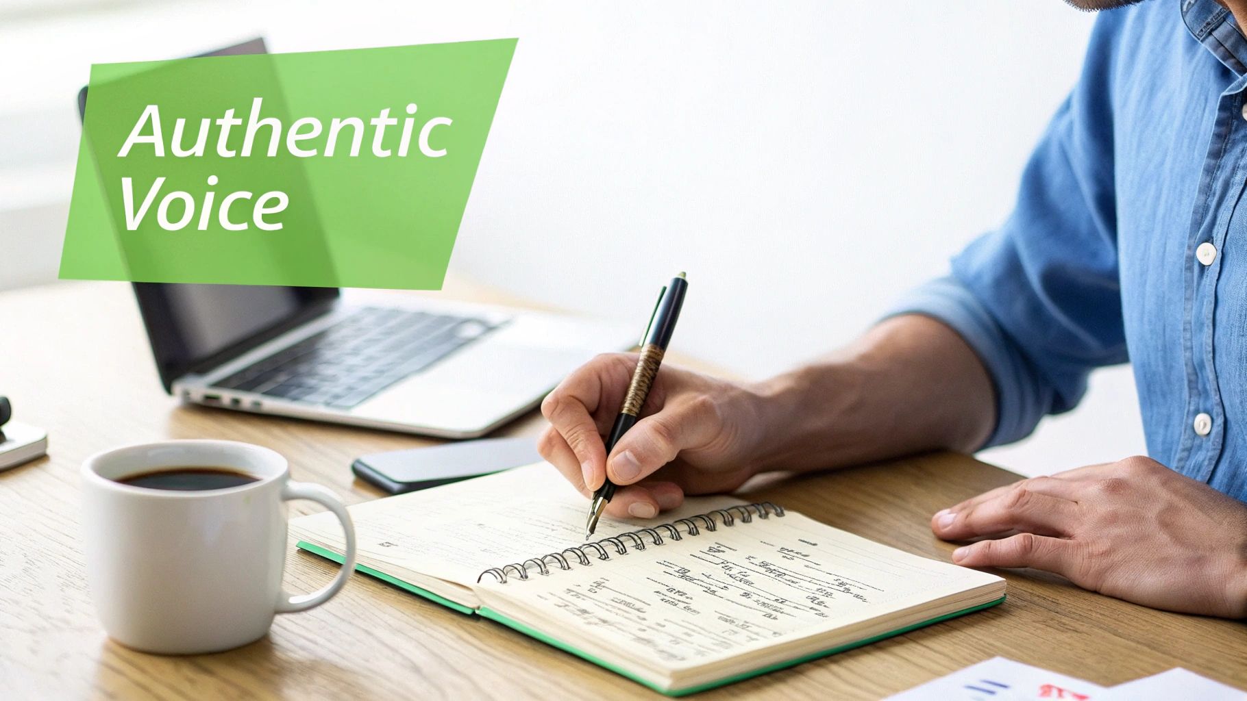A person writing in a notebook at a desk with a laptop, coffee, and "Authentic Voice" text.
