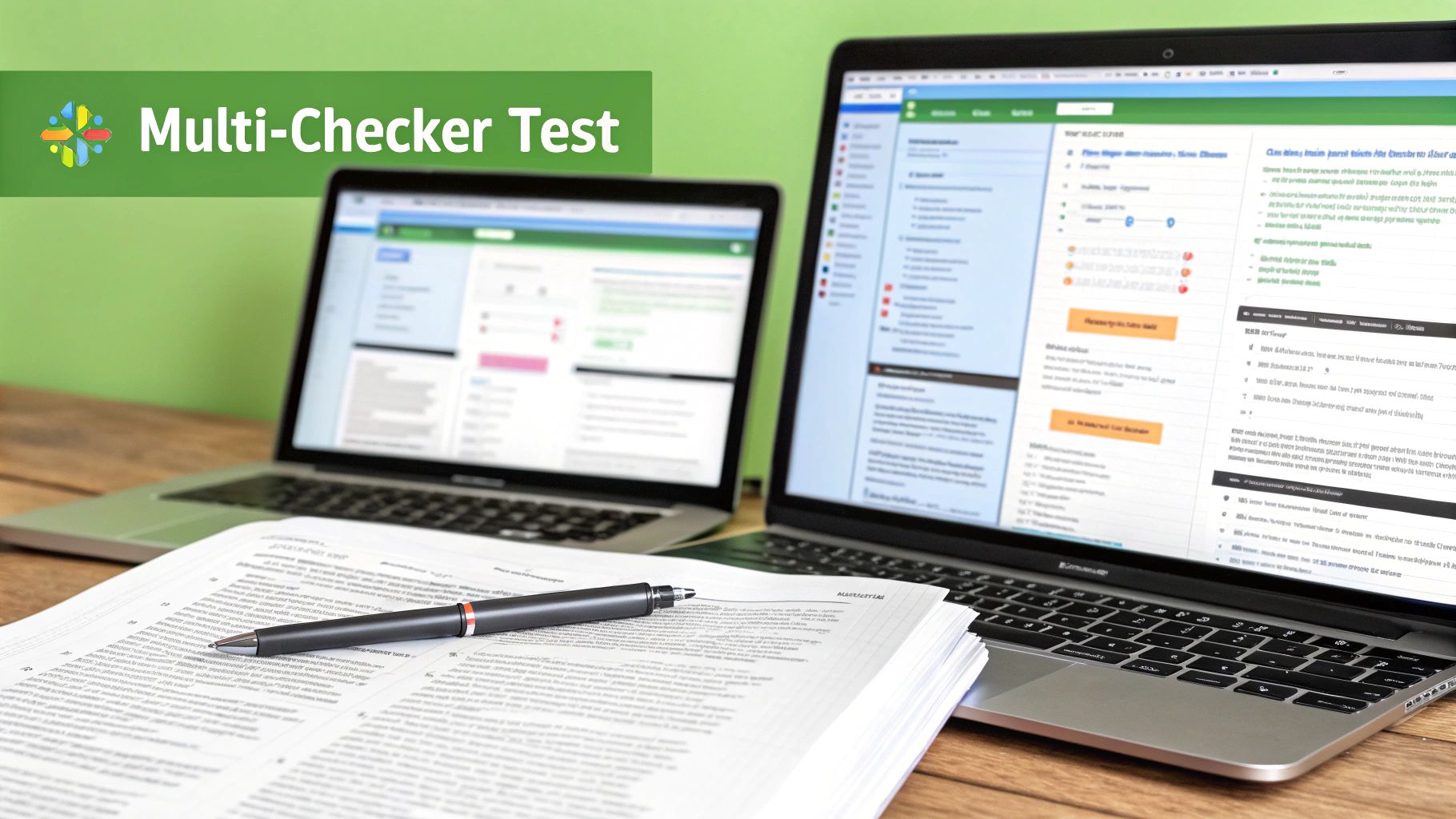 Desk setup with two open laptops, papers, a pen, and a 'Multi-Checker Test' banner.