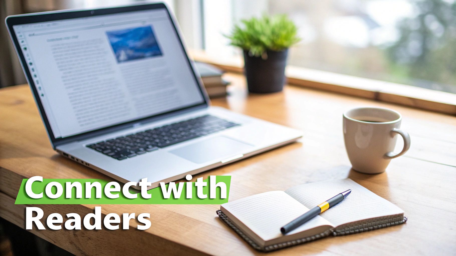 A laptop, open notebook, pen, and coffee cup on a wooden desk with text 'Connect with Readers'.
