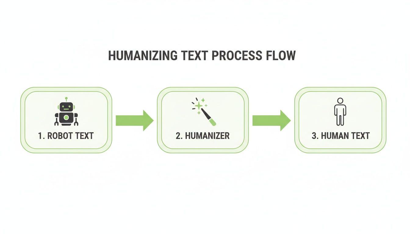 A process flow diagram showing robot-generated text being transformed into human text by a humanizer tool.