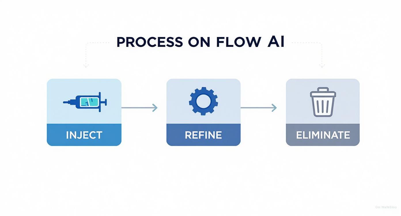 A three-step diagram illustrating the 'Process on Flow AI': Inject, Refine, and Eliminate stages.