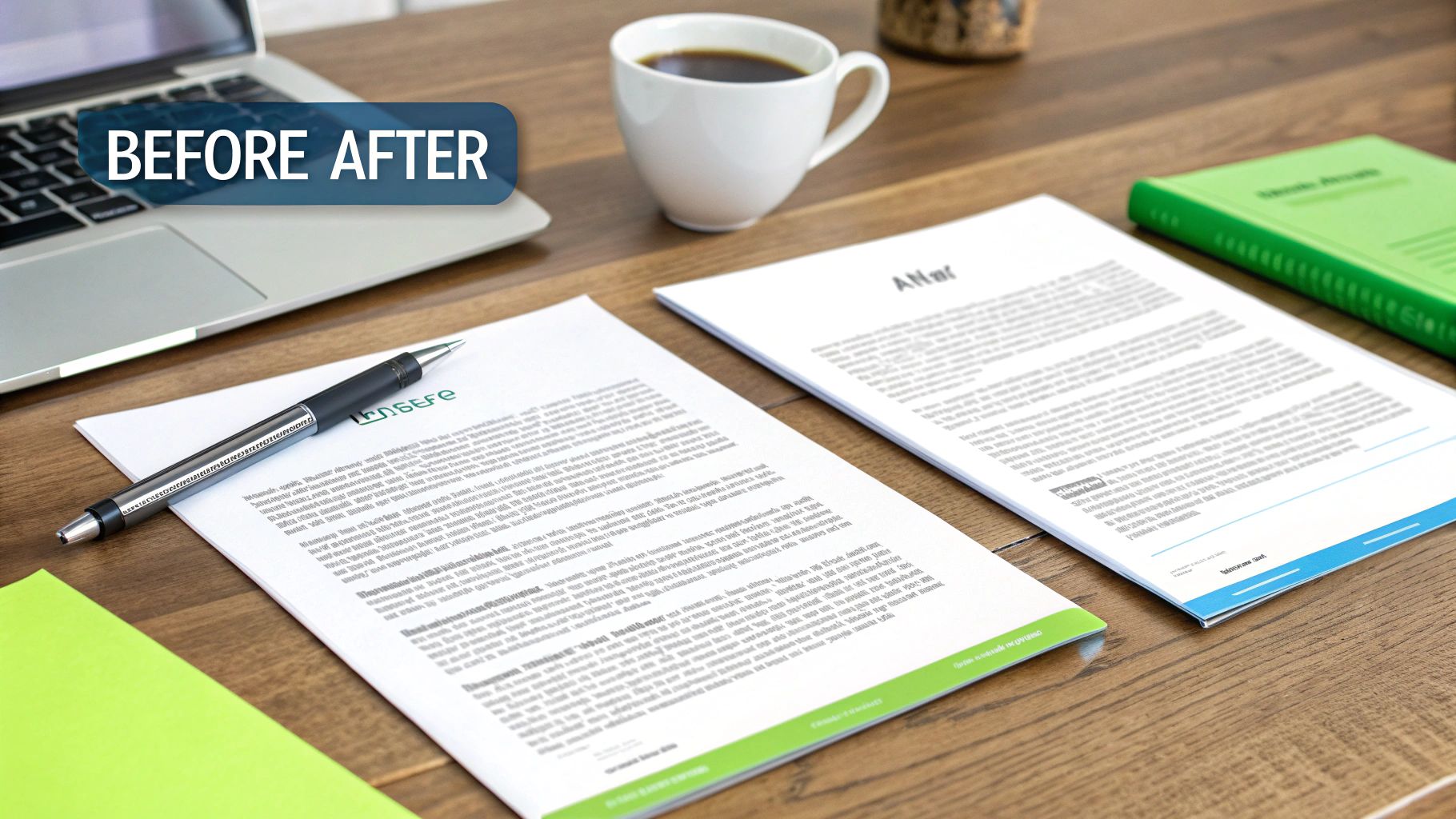A 'Before After' banner on a desk with a laptop, coffee, pen, and two documents, illustrating text conversion.