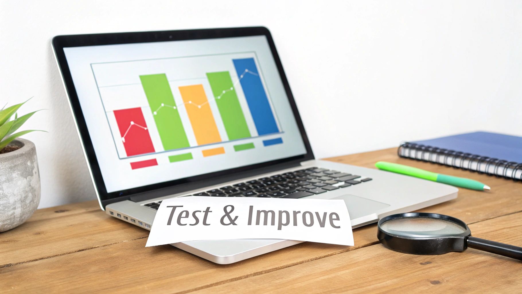A laptop showing a bar chart and 'Test & Improve' paper on a wooden desk with office supplies.