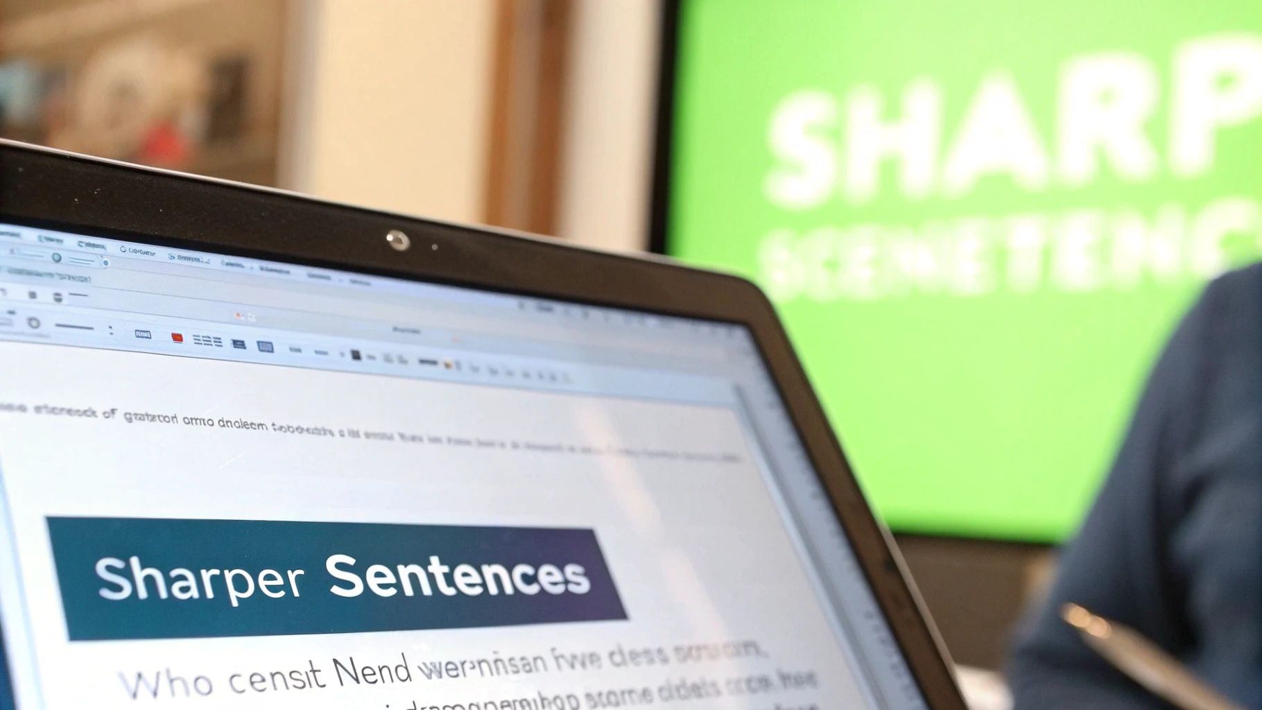 A close-up of a laptop screen displaying a document titled 'Sharper Sentences' and a blurred green background.
