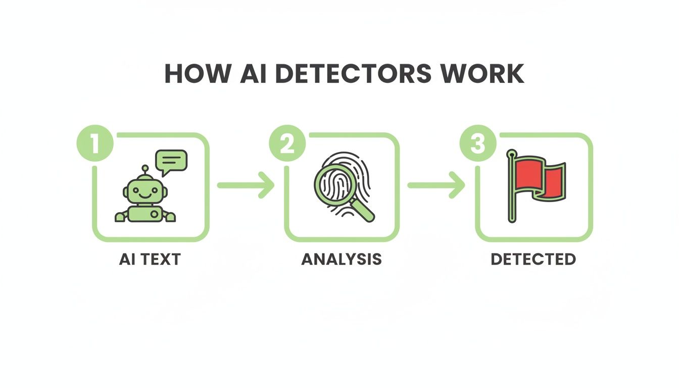 Infographic illustrating how AI detectors work: AI text input leads to analysis, resulting in detected content marked by a red flag.