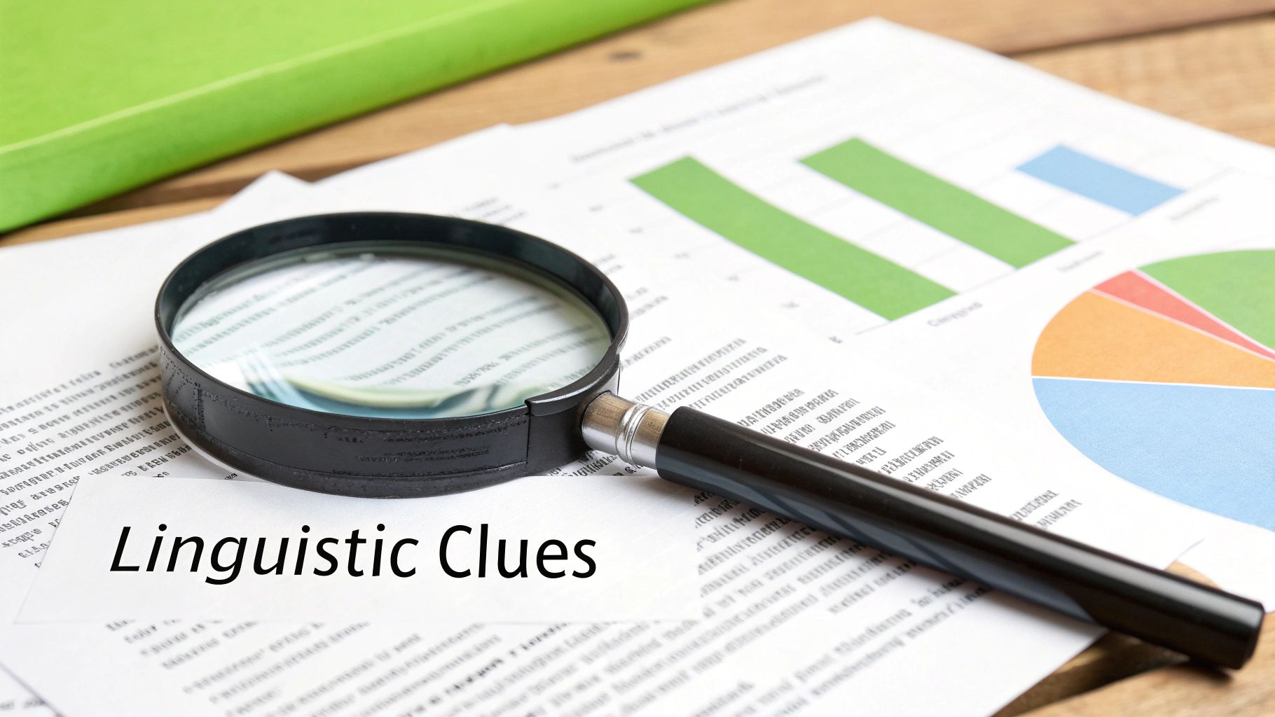 A magnifying glass rests on documents featuring text, charts, and the visible title 'Linguistic Clues'.