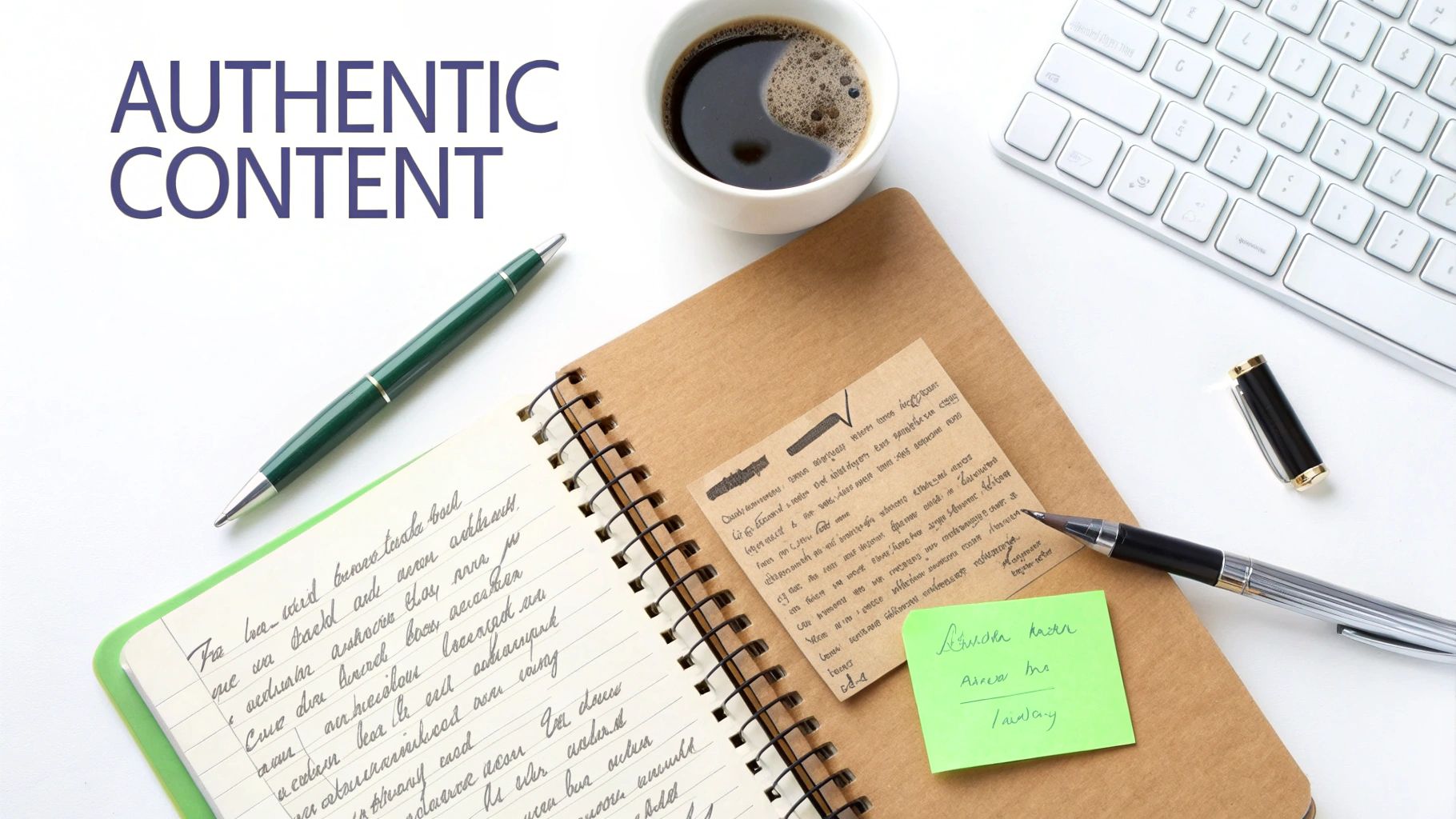 A flat lay of a writing desk with notebooks, pens, coffee, keyboard, and 'AUTHENTIC CONTENT' text.