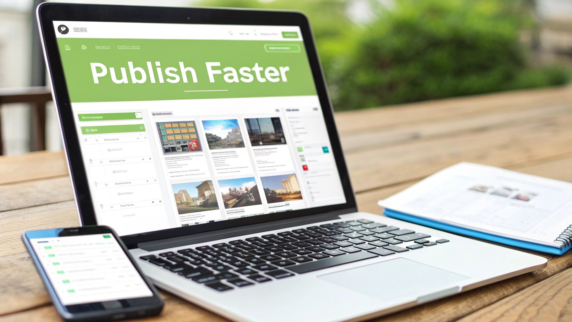 A laptop displaying a 'Publish Faster' website, a smartphone, and a notebook on an outdoor wooden table.