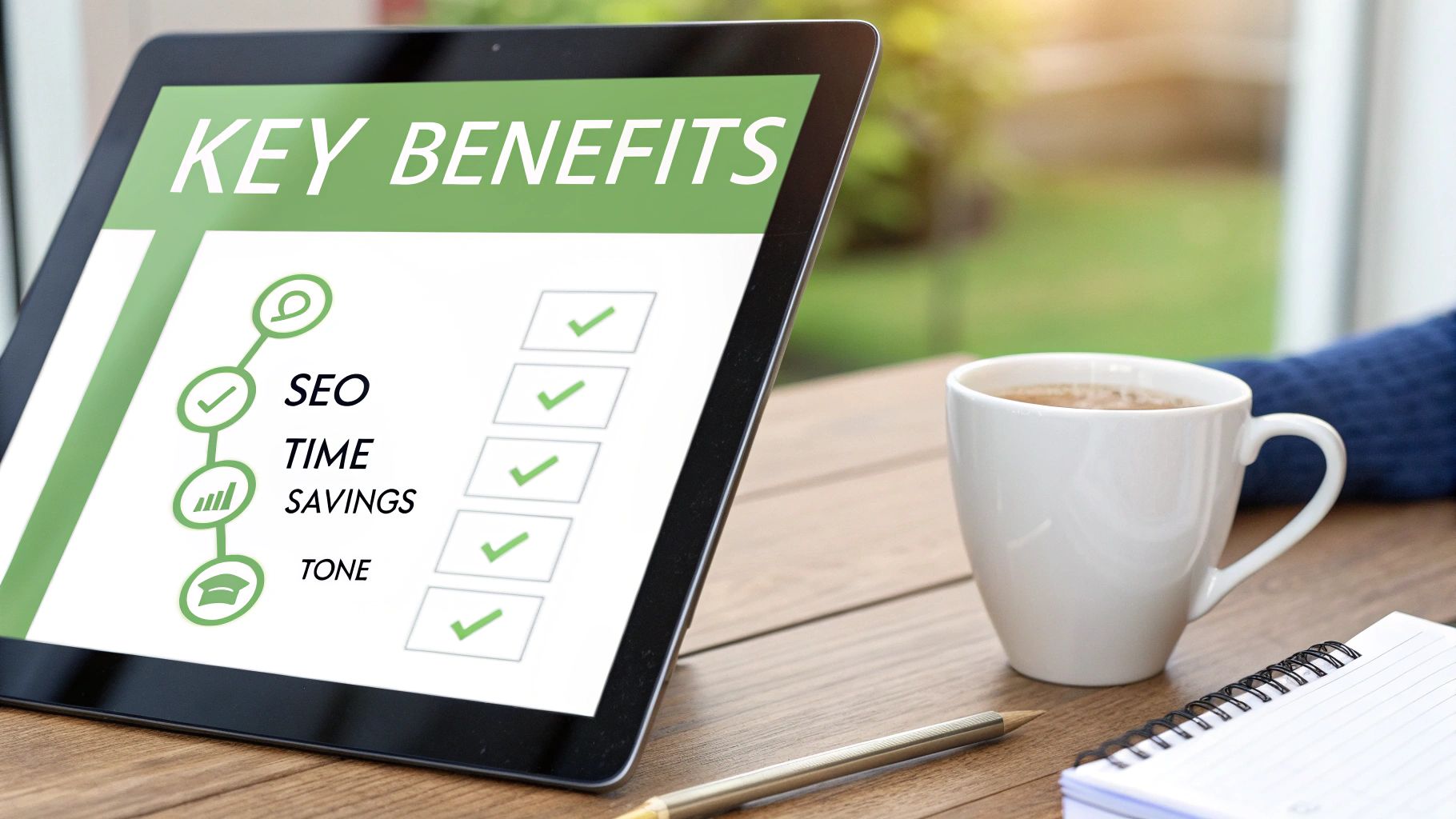 A tablet displays key benefits including SEO and time savings on a wooden desk with coffee and notebook.