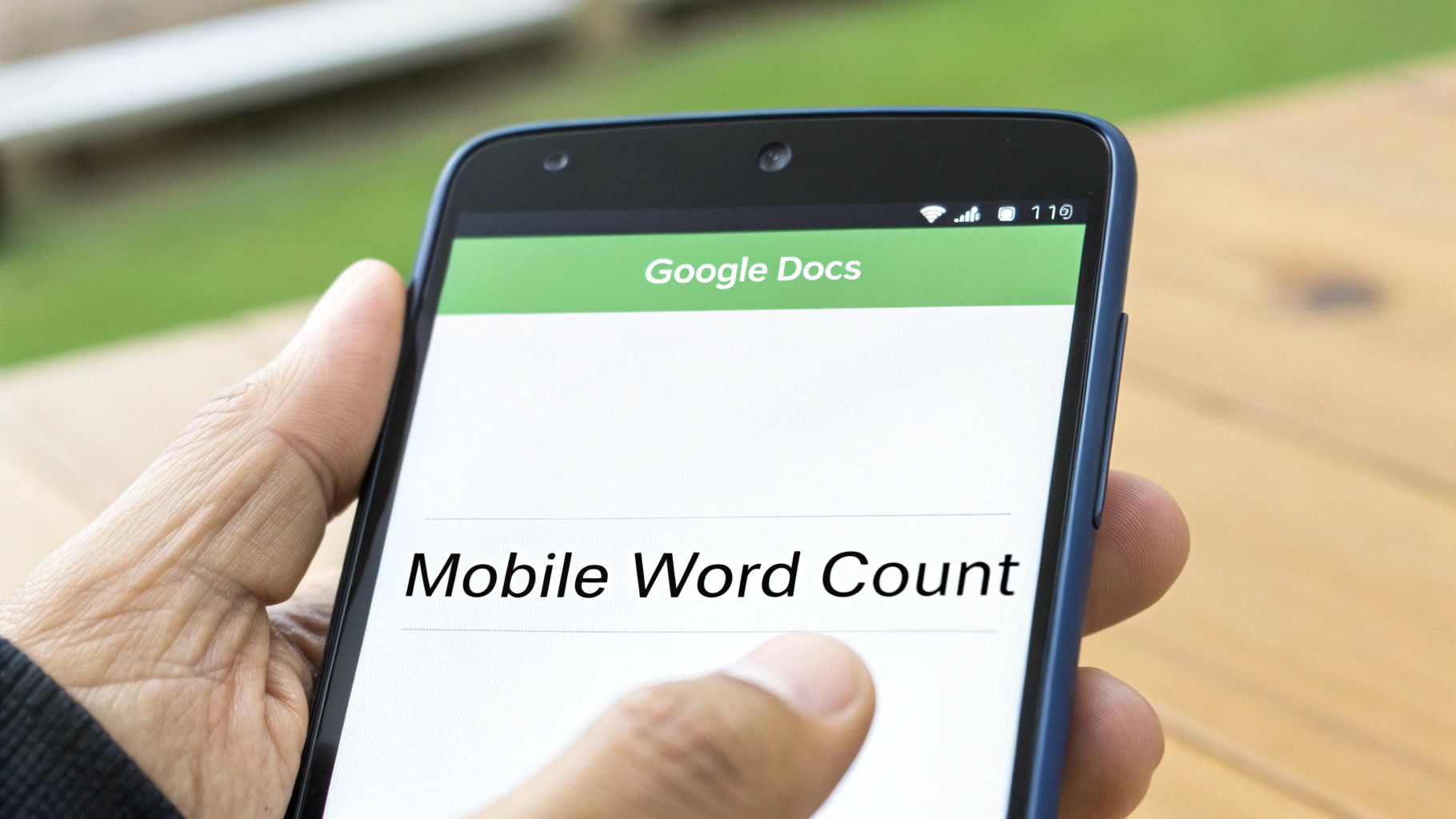 A person checking their word count on a mobile device.