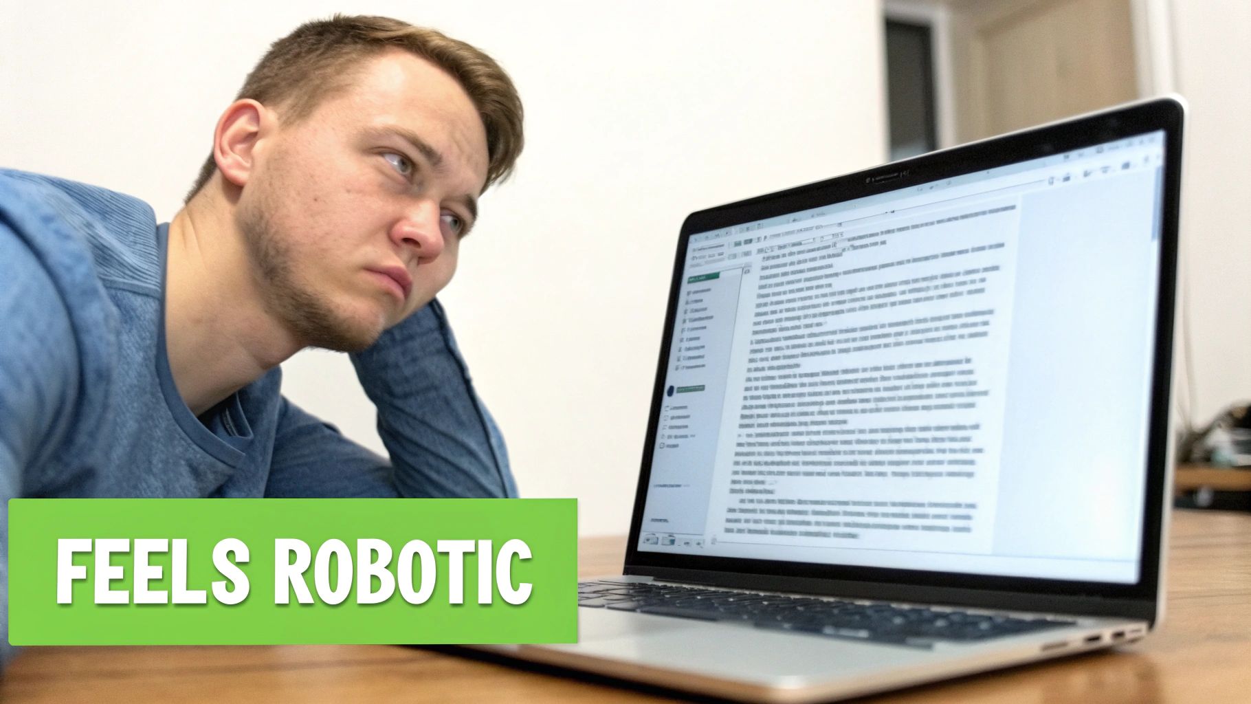 Man looking confused at laptop screen displaying text that feels robotic and artificial