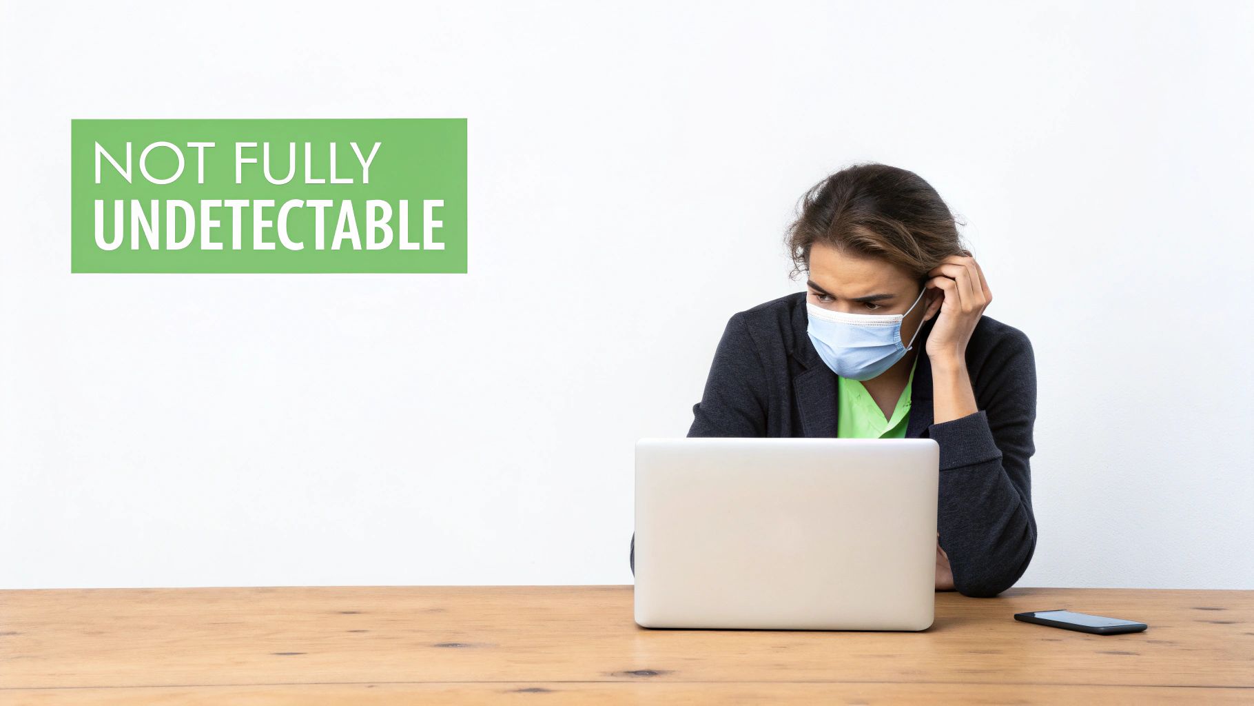 A person wearing a mask looks at a laptop, with 'NOT FULLY UNDETECTABLE' text on a green box.