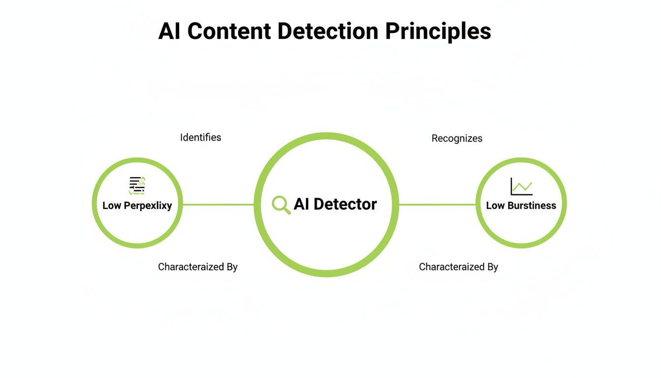 Diagram illustrating AI content detection principles: an AI detector identifies low perplexity and low burstiness.