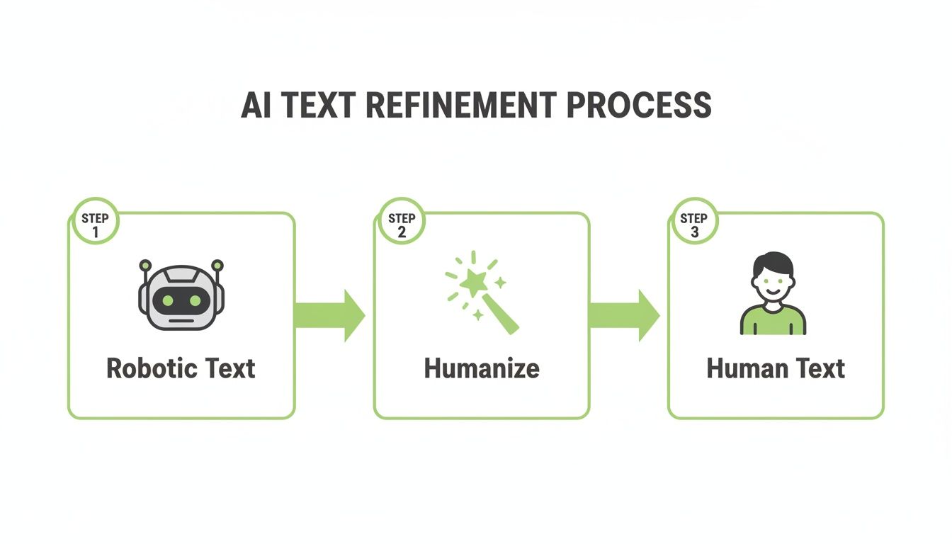 Flowchart illustrating the transformation of AI-generated robotic text into human text through humanization.