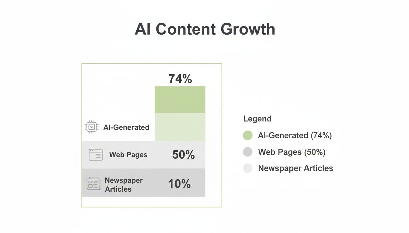 Bar chart showing AI content growth with AI-generated at 74%, web pages at 50%, and newspaper articles at 10%.