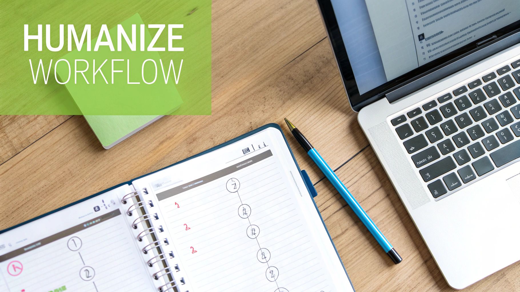 Overhead view of a workspace with laptop, planner, pen, and 'HUMANIZE WORKFLOW' text on green background.