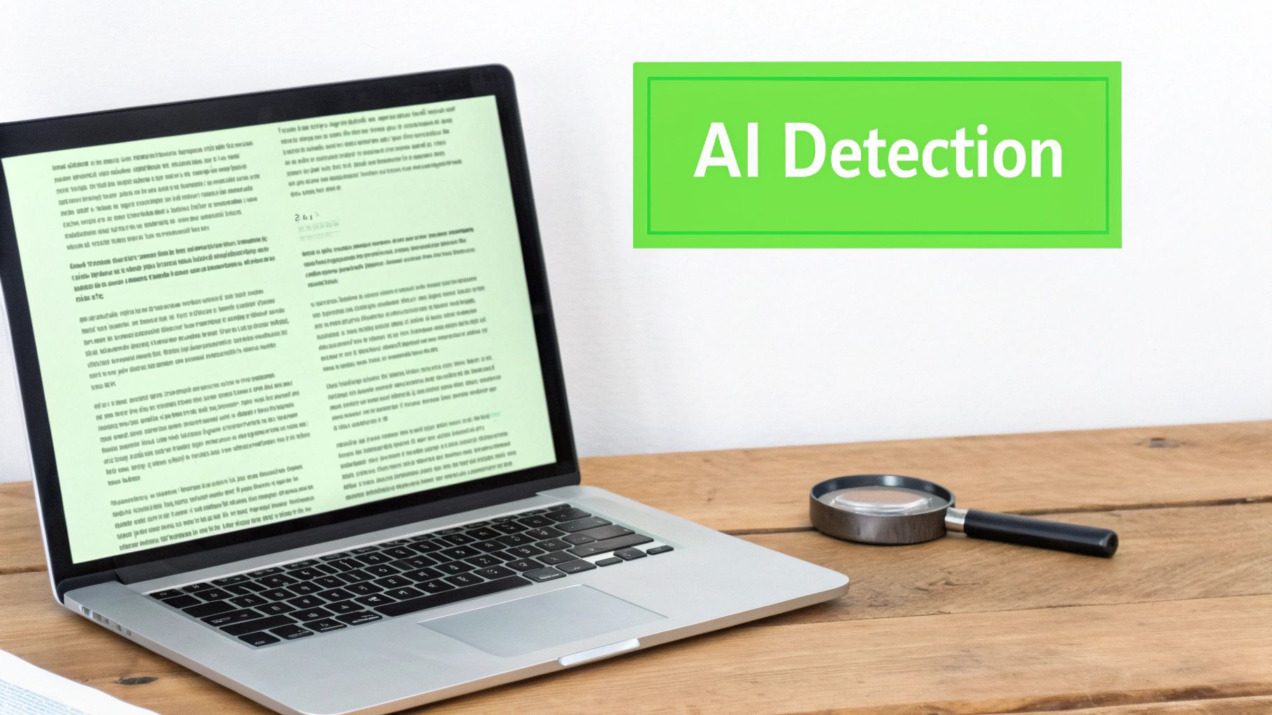 A laptop displaying text and a magnifying glass on a wooden desk with a green 'AI Detection' box.