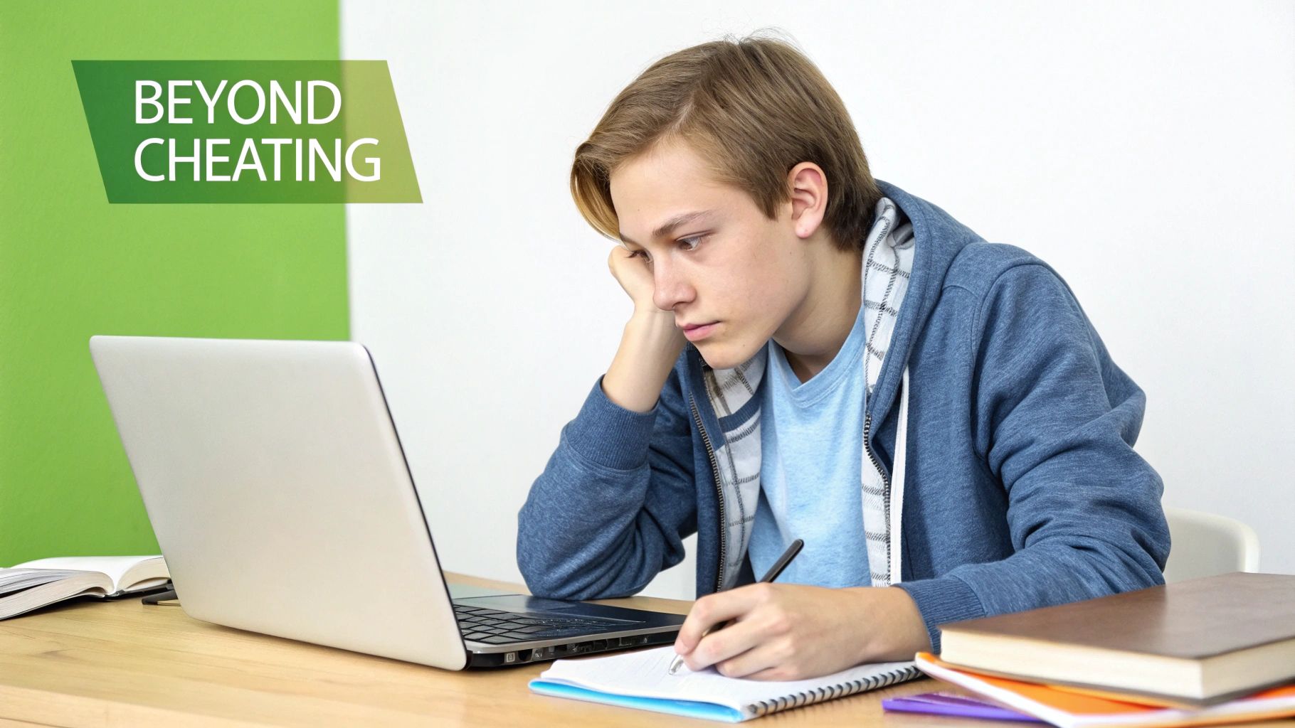 A young student looks tired while studying with a laptop and writing in a notebook.