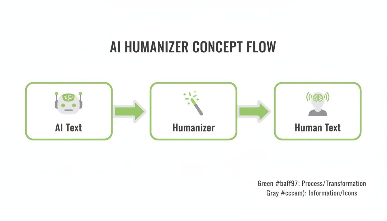 A flow diagram illustrating the AI humanizer concept, transforming AI-generated text into human text.