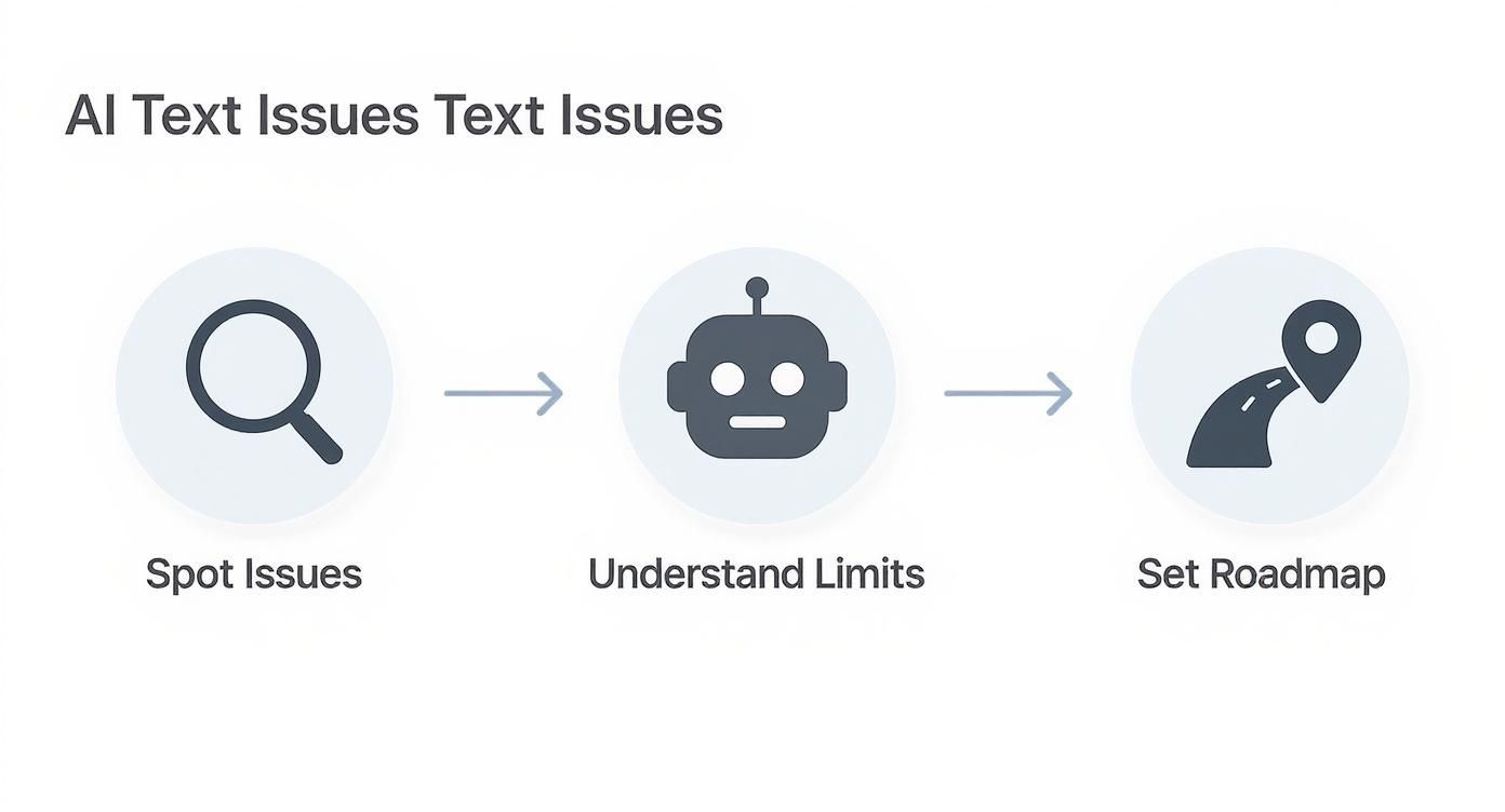 A three-step diagram outlining how to address AI text issues: Spot Issues, Understand Limits, Set Roadmap.
