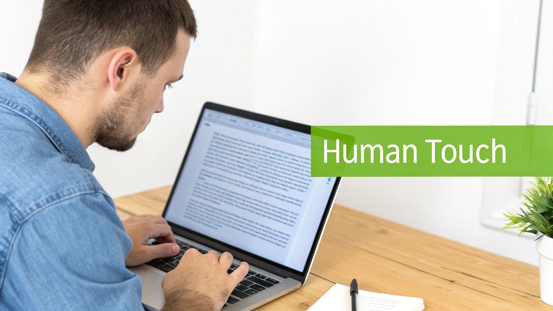 A man in a denim shirt types on a laptop at a desk with 'Human Touch' text overlay.