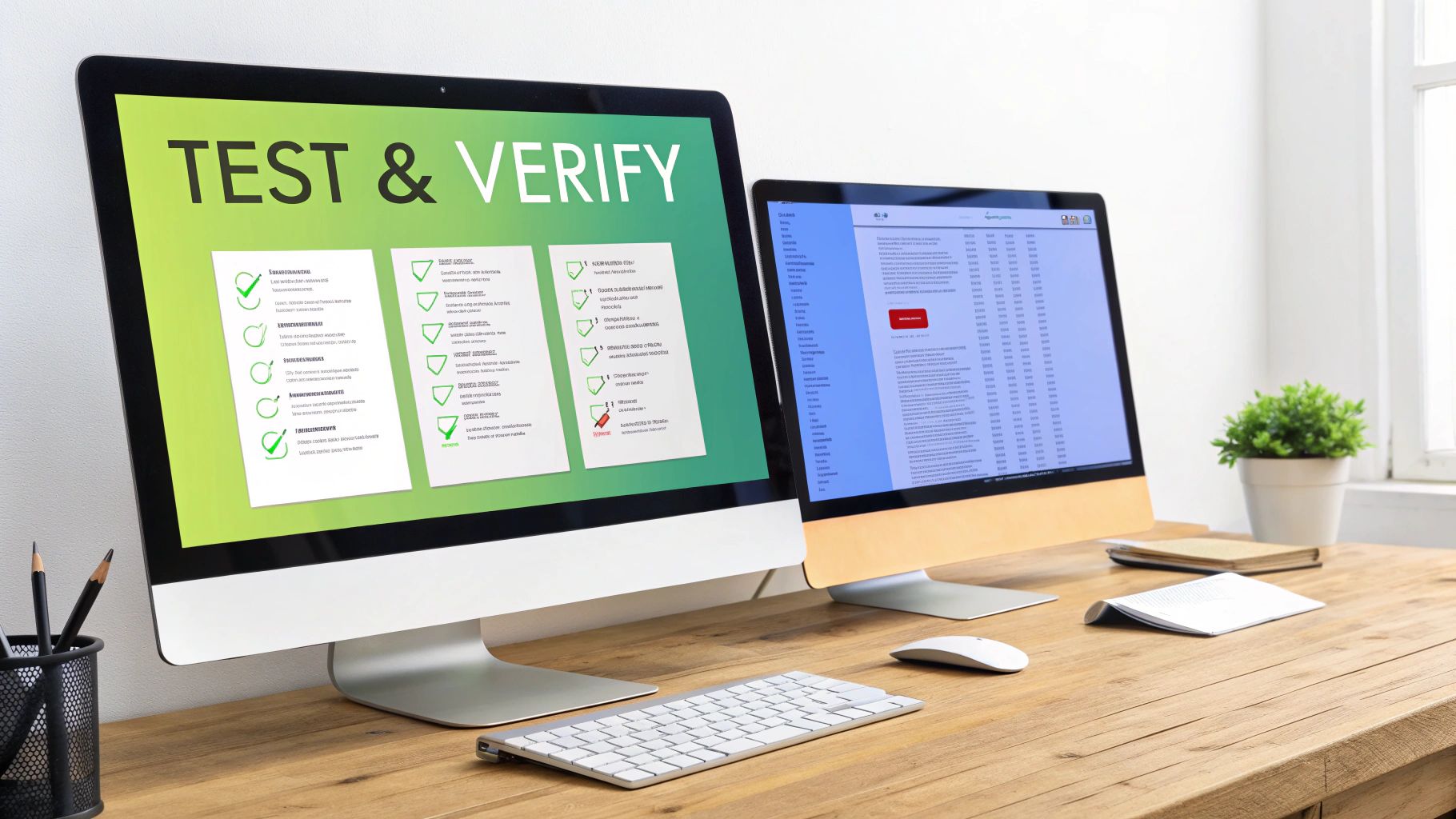Two monitors on a wooden desk, one displaying 'TEST & VERIFY' with project checks and an error.